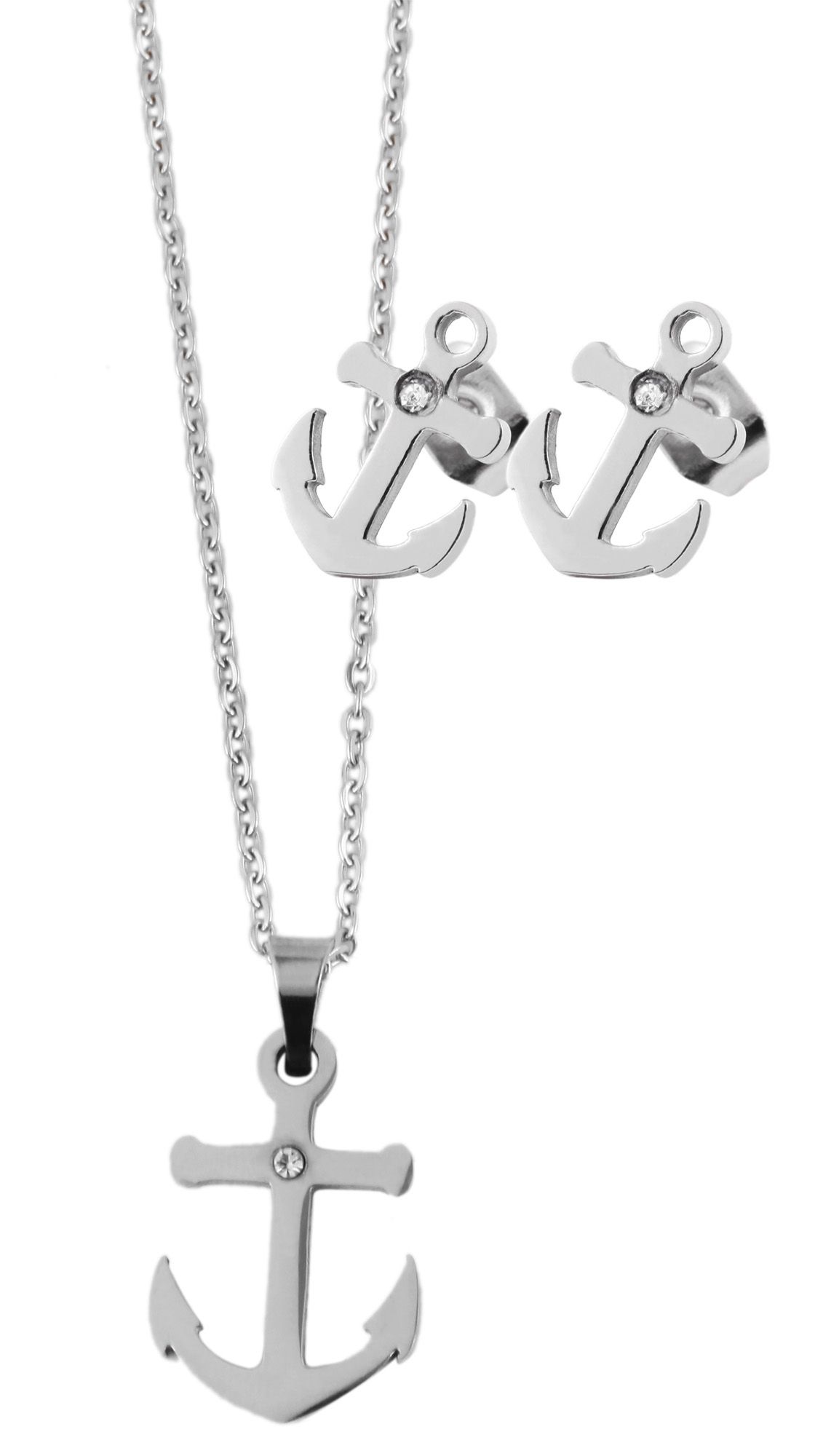 "Miera", Akzent Edelstahlschmuckset mit Ohrsteckern und Anhänger im Ankerdesign, silberfarbig