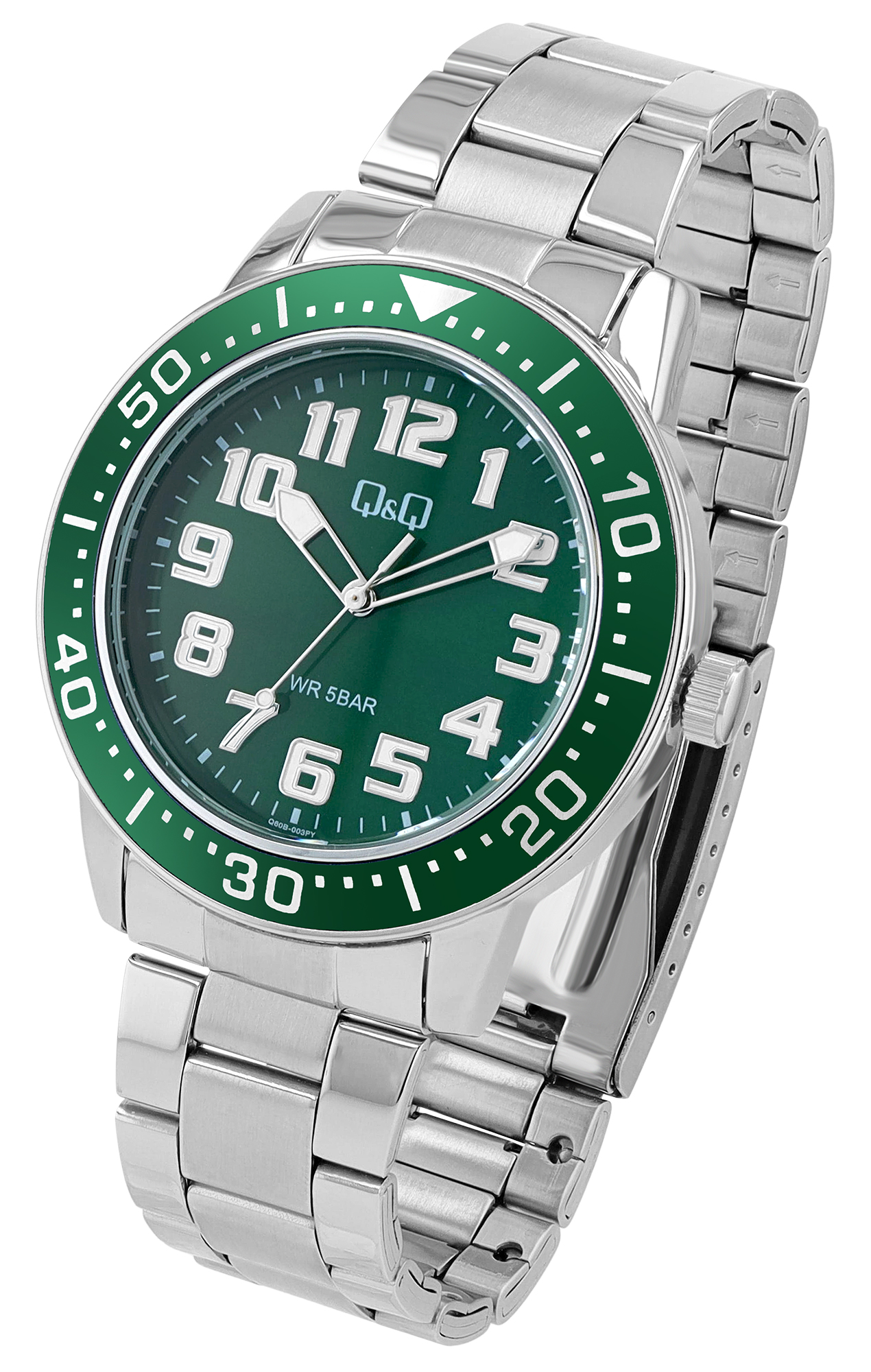 Q&Q Herrenuhr, Edelstahlgliederarmband, Faltschließe, silberfarben/grün, 5ATM, Ø 45 mm