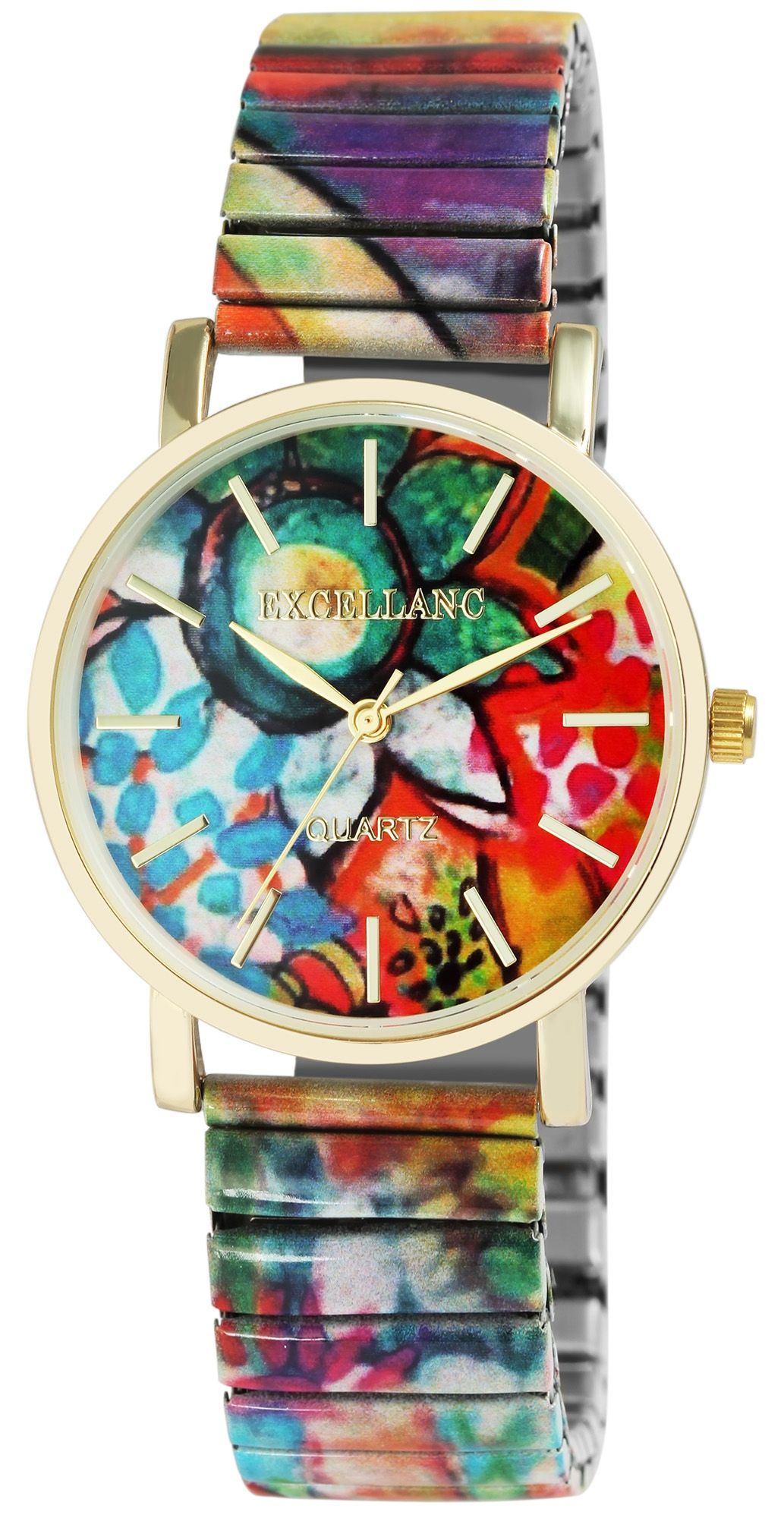 Excellanc Damenuhr mit Zugarmband, bunt/goldfarben