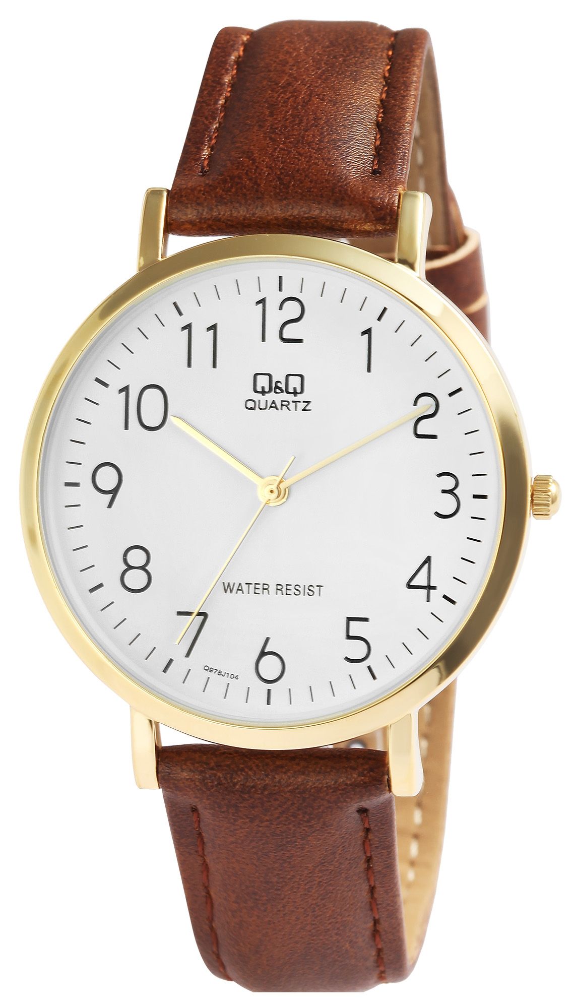 Q&Q Herrenuhr mit Lederimitationsarmband in braun/goldfarben, 3 bar