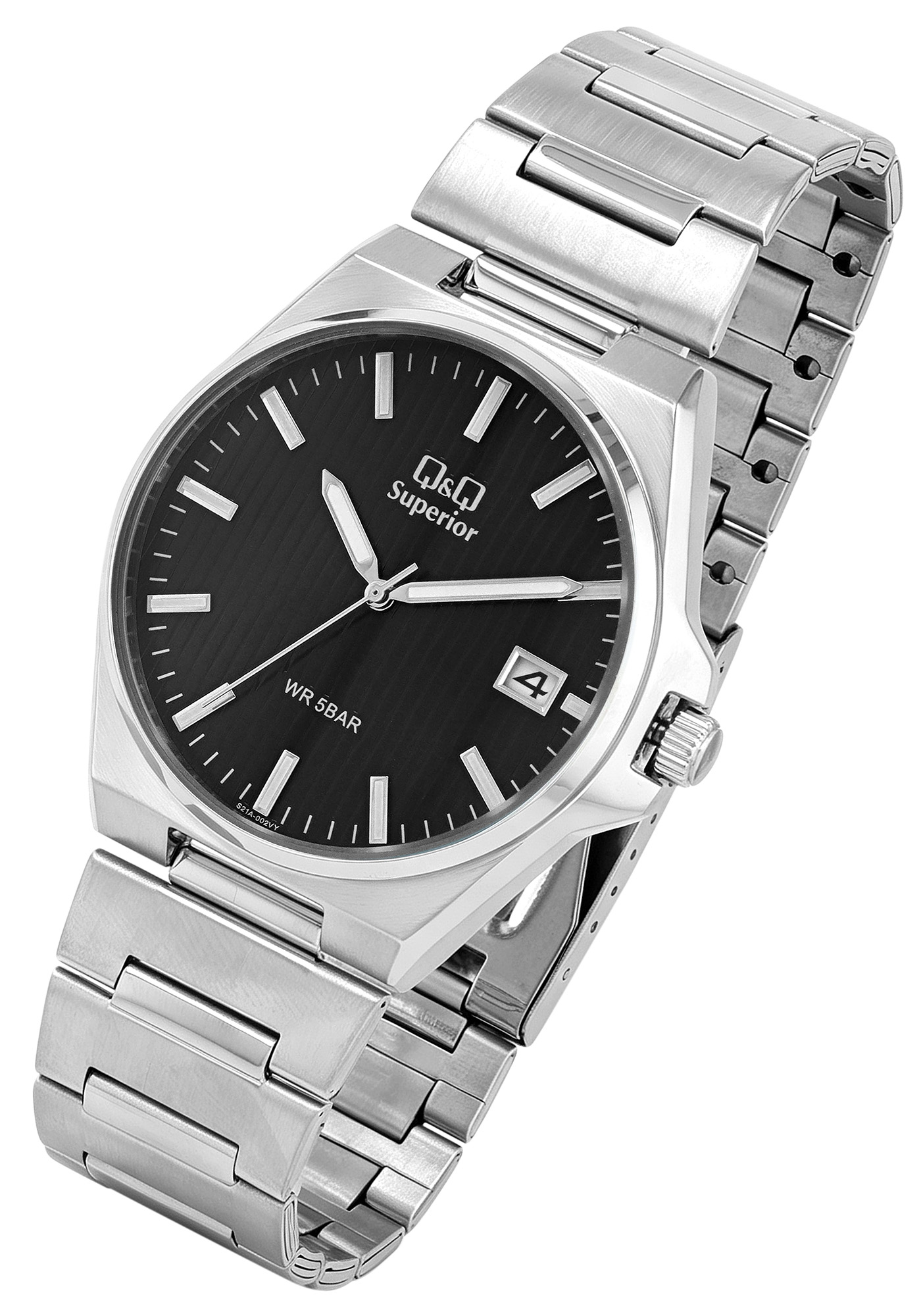 Q&Q Superior Herrenuhr Ø 40 mm, Edelstahlgehäuse, Edelstahlband, silberfarben/schwarz
