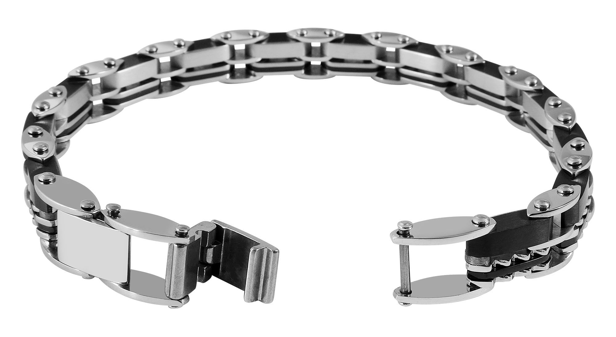 "Bjarne" Edelstahl Armband, 21 cm + 1 cm, mit schwarzen Elementen, Verlängerung
