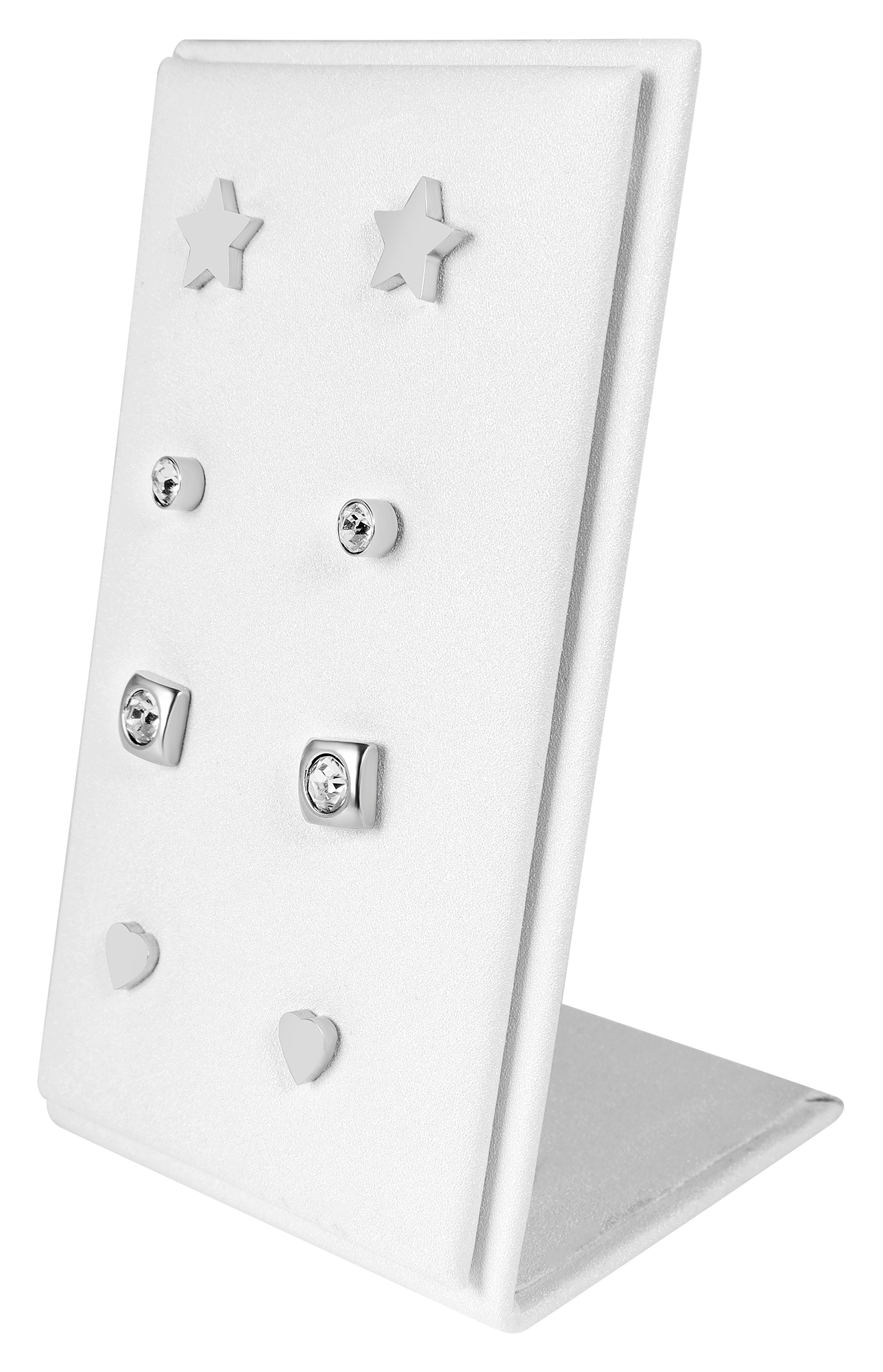 Aufsteller für 4 Paar Ohrstecker (Dekoserie Soft), PU-bezogen, 8,5 cm, weiß