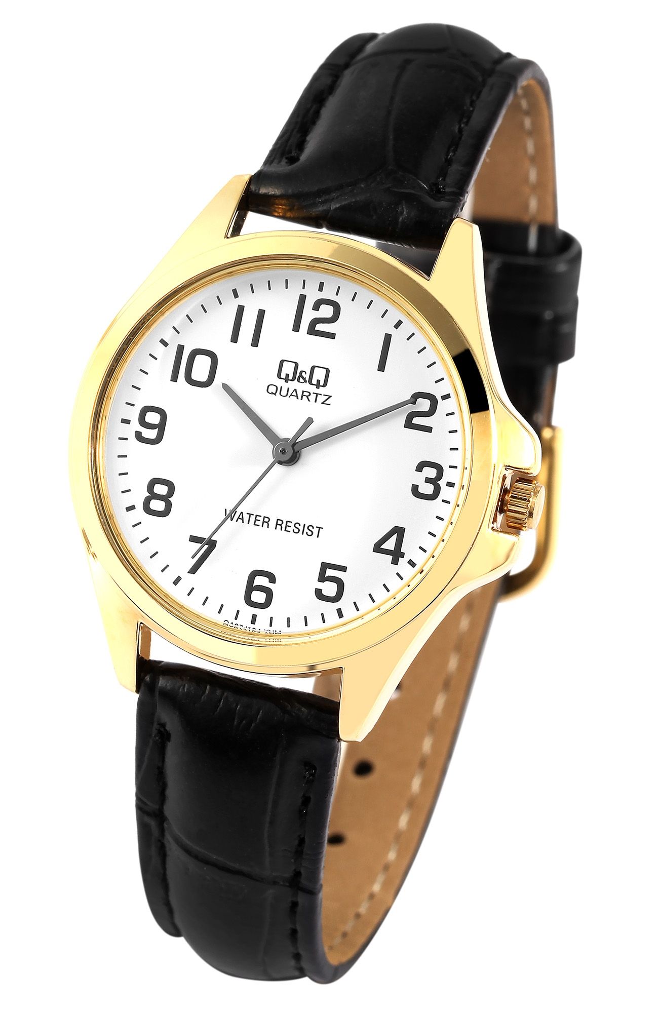 Q&Q Damenuhr mit Lederimitationsarmband in schwarz/goldfarben, 3 bar