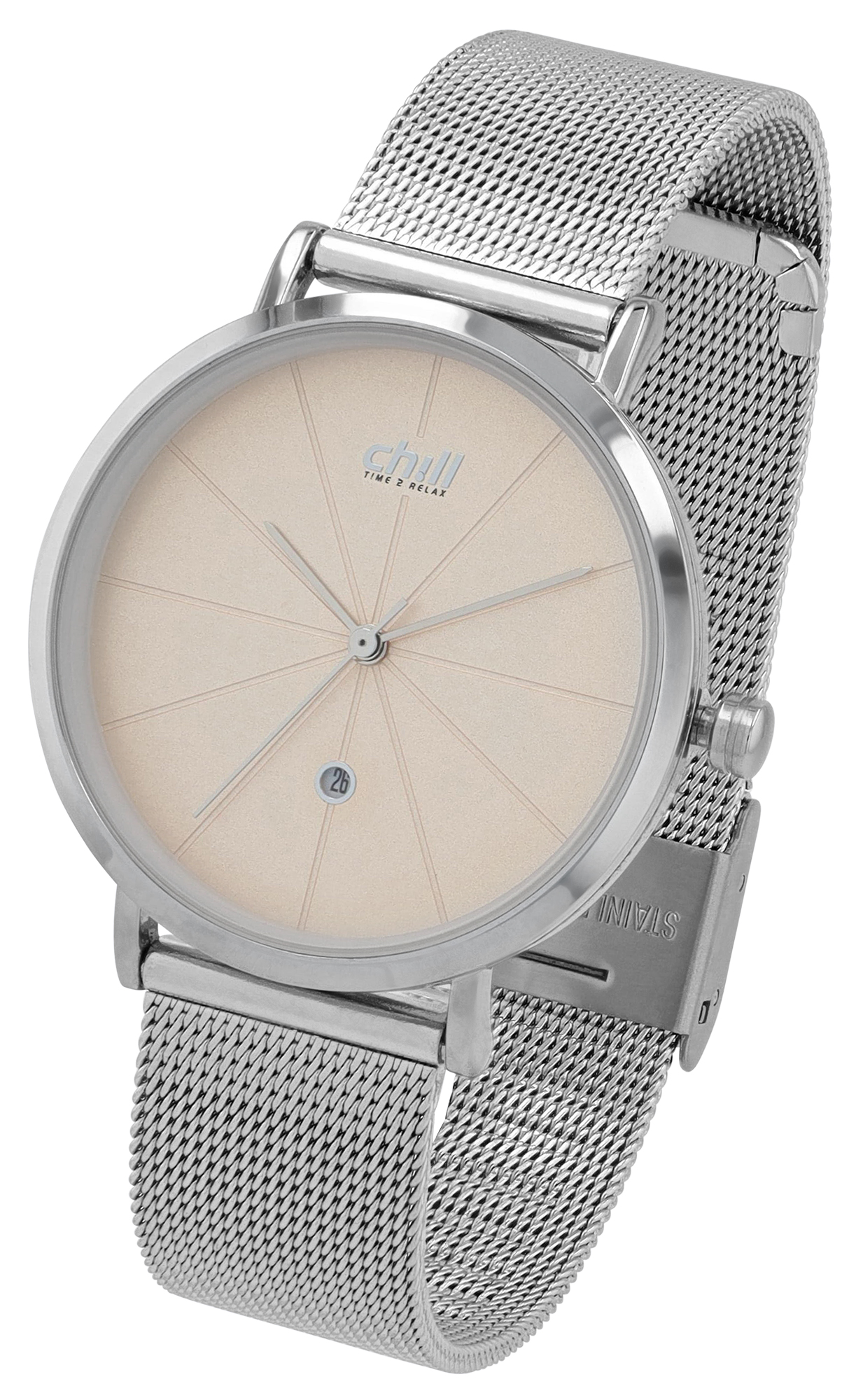 Chill, Damenuhr, Edelstahl Meshband/ Milanaise-Band, Ø 34 mm, silberfarben/ beige