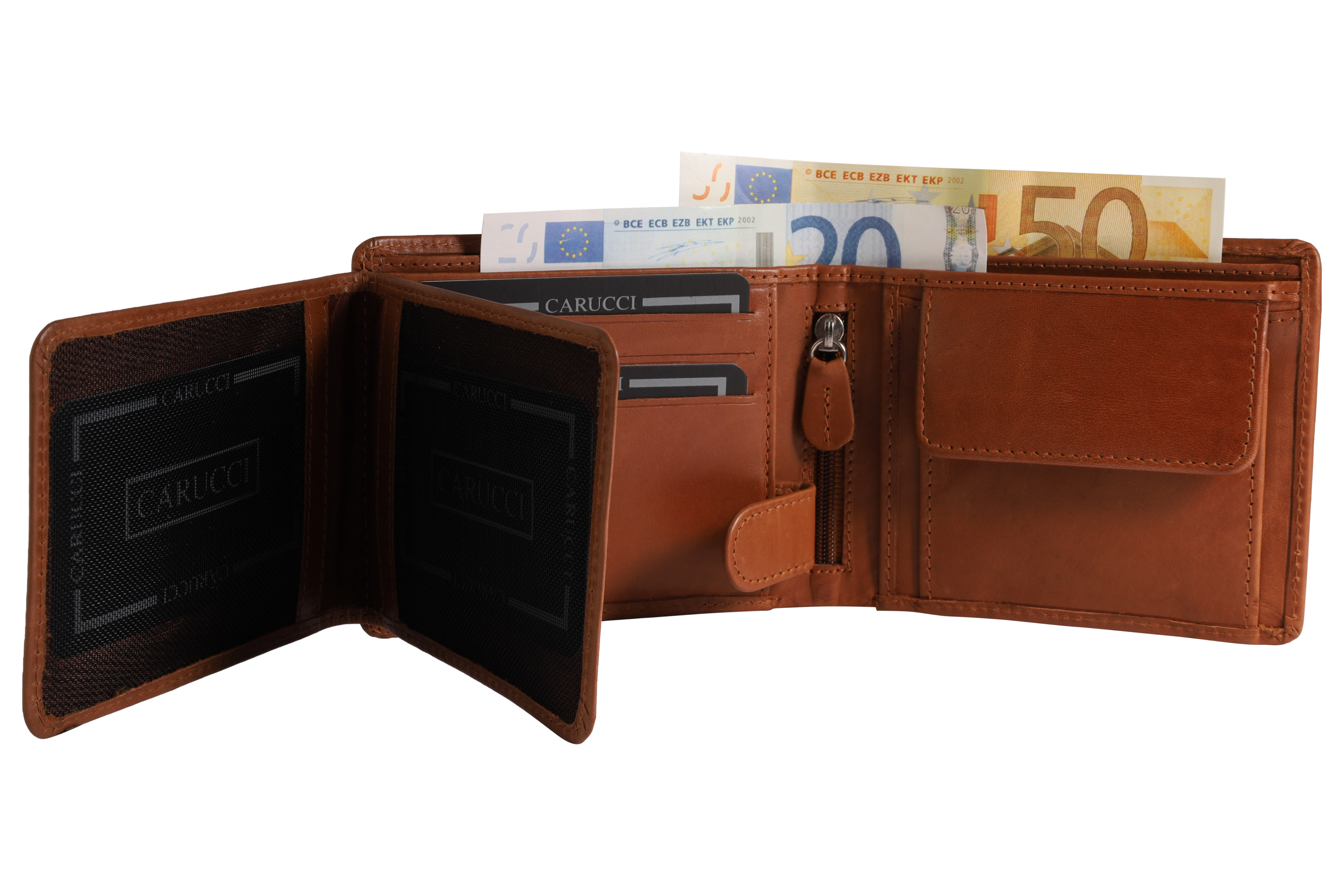 Carucci Echtleder (Cow Veg VT) Geldbörse mit Box, RFID, Querformat, braun (tan)