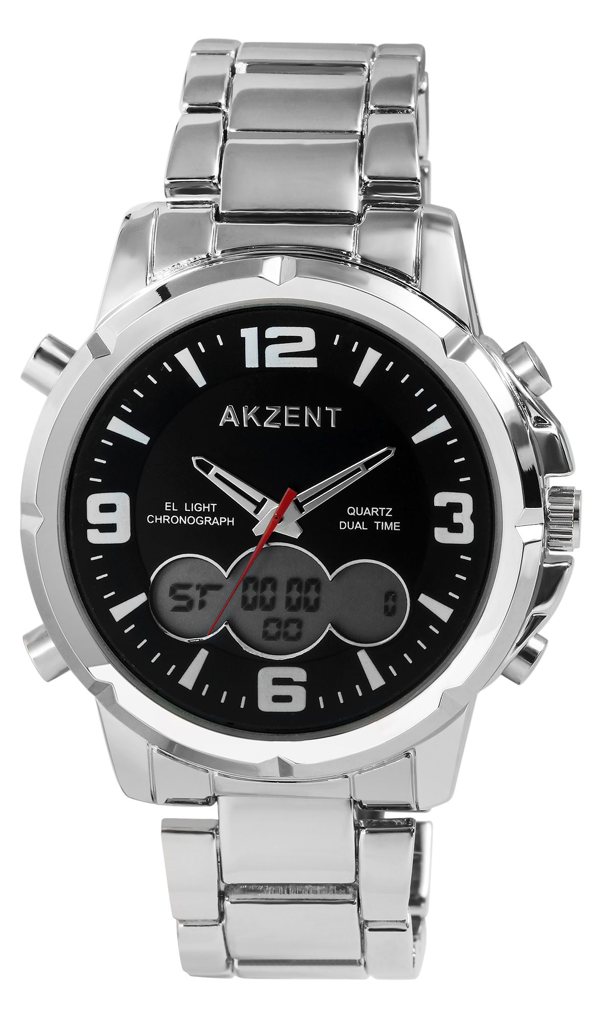 Akzent Analog/Digital Herrenuhr mit Edelstahlarmband, silberfarben/schwarz