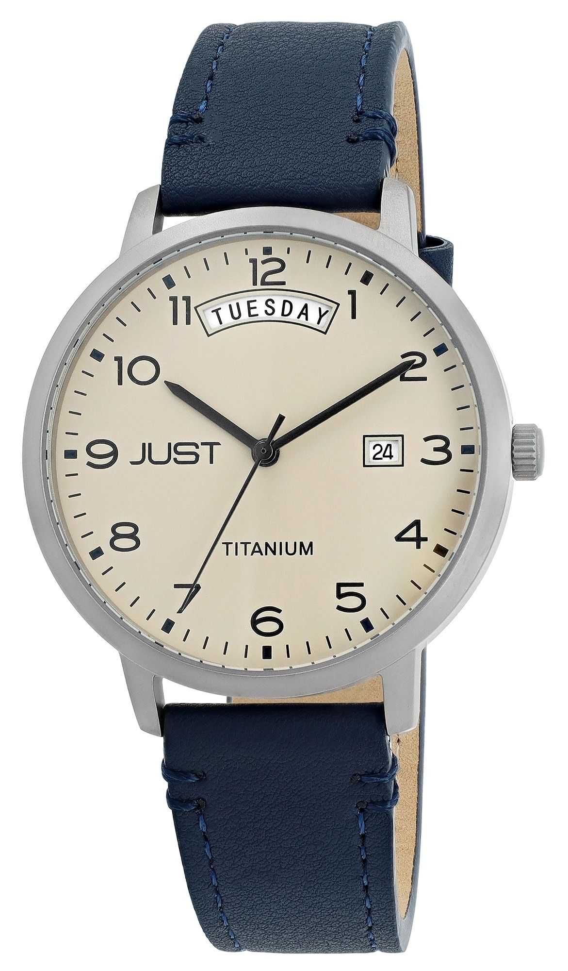JUST  "Fanis" Titan Herrenuhr mit Echtlederarmband, 5 ATM, blau