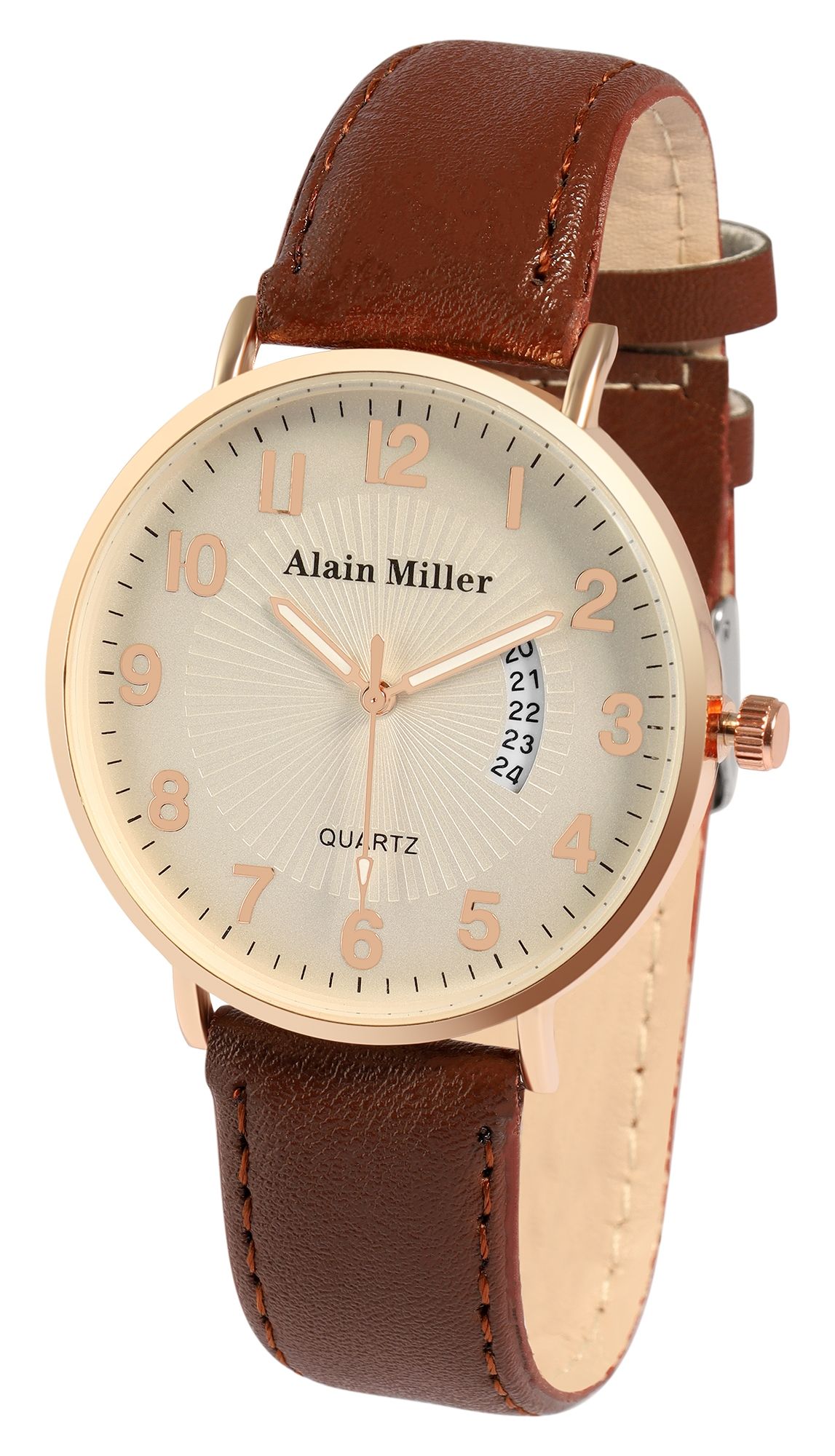 Alain Miller Herrenuhr mit Band aus Lederimitat, braun, weiß