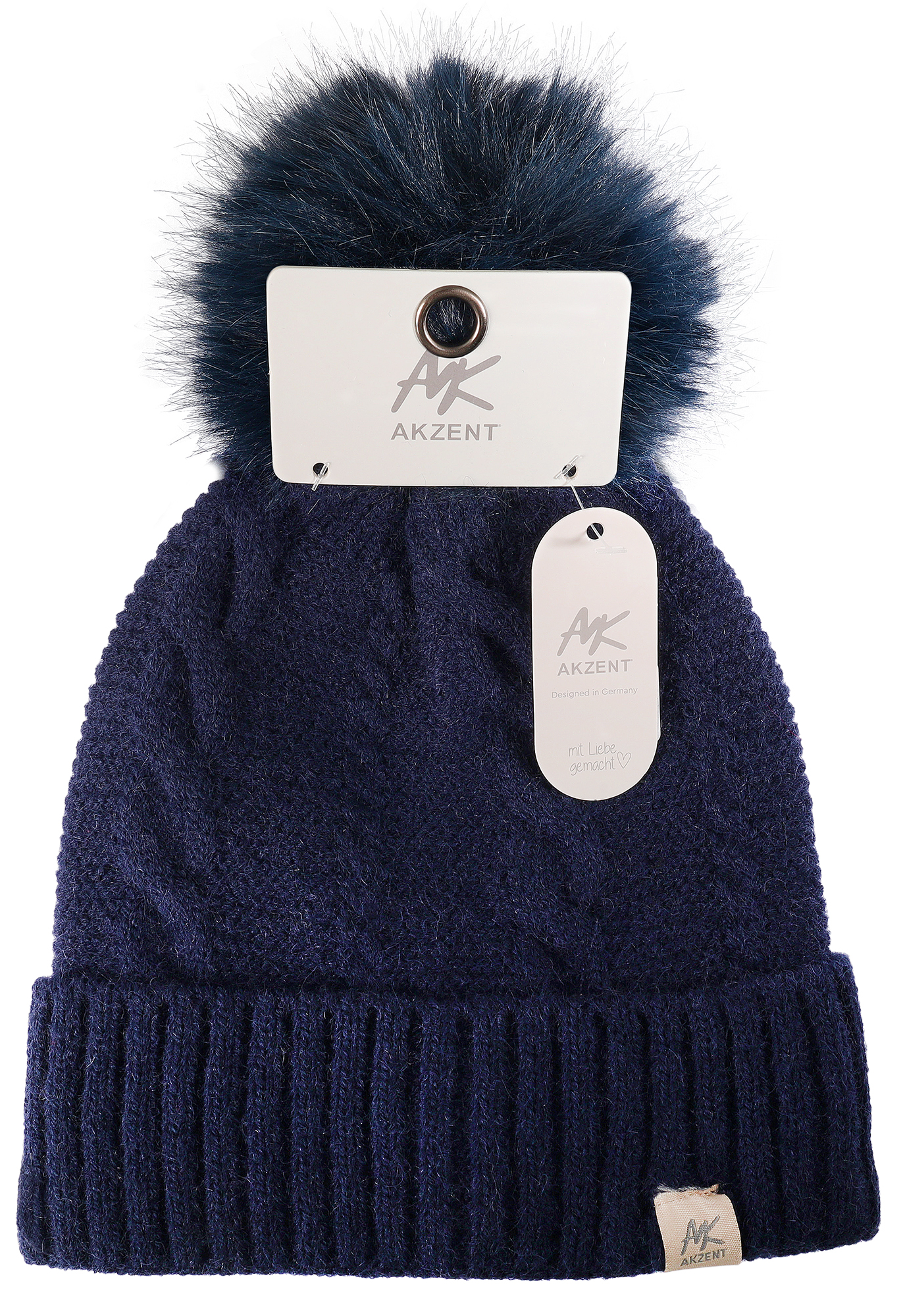 Akzent Strickmütze für Damen (mit Kunstfellbommel), VE-4, dunkelblau