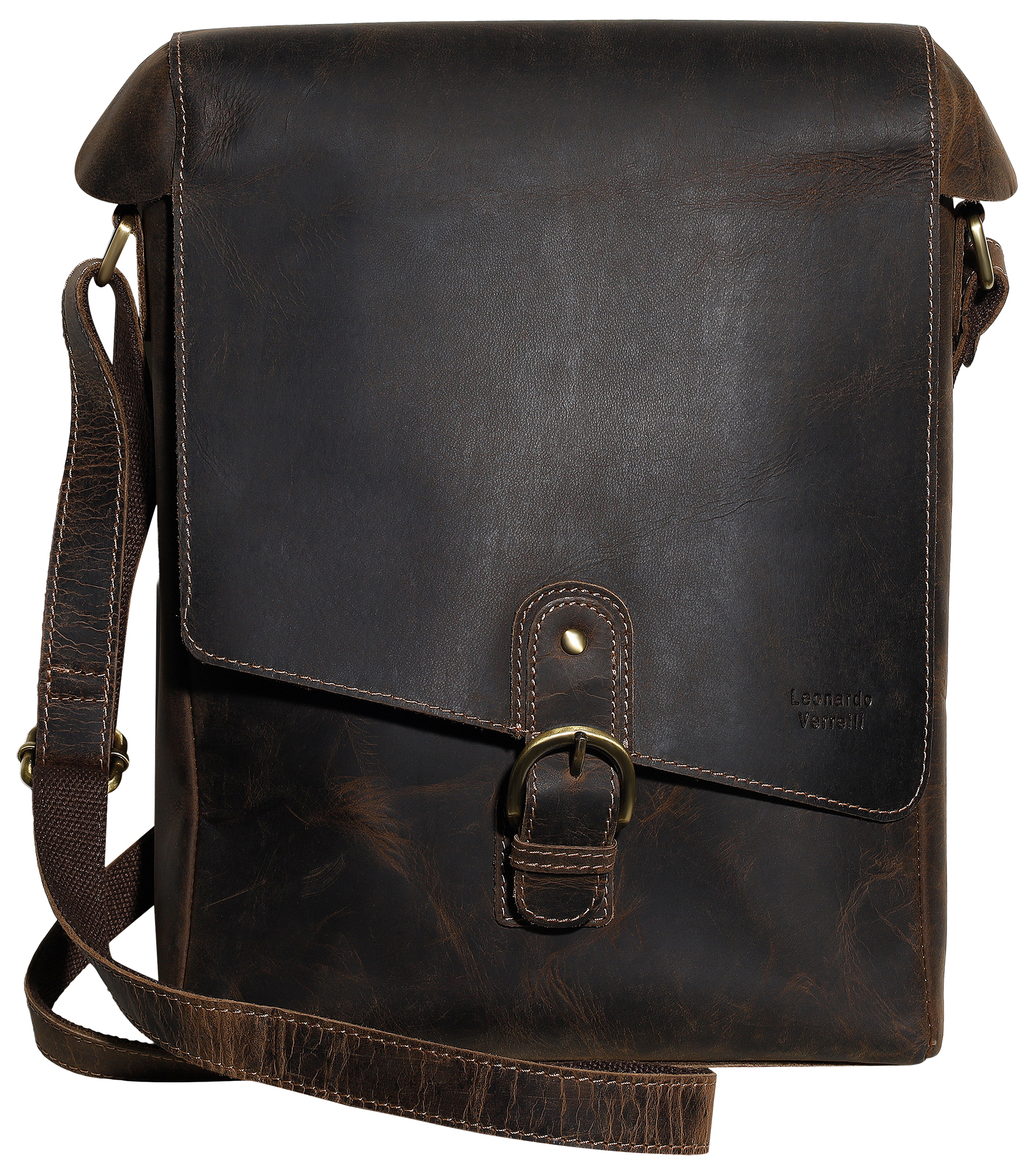 Leonardo Verrelli Messenger Bag aus Echtleder im Vintage-Look, dunkelbraun