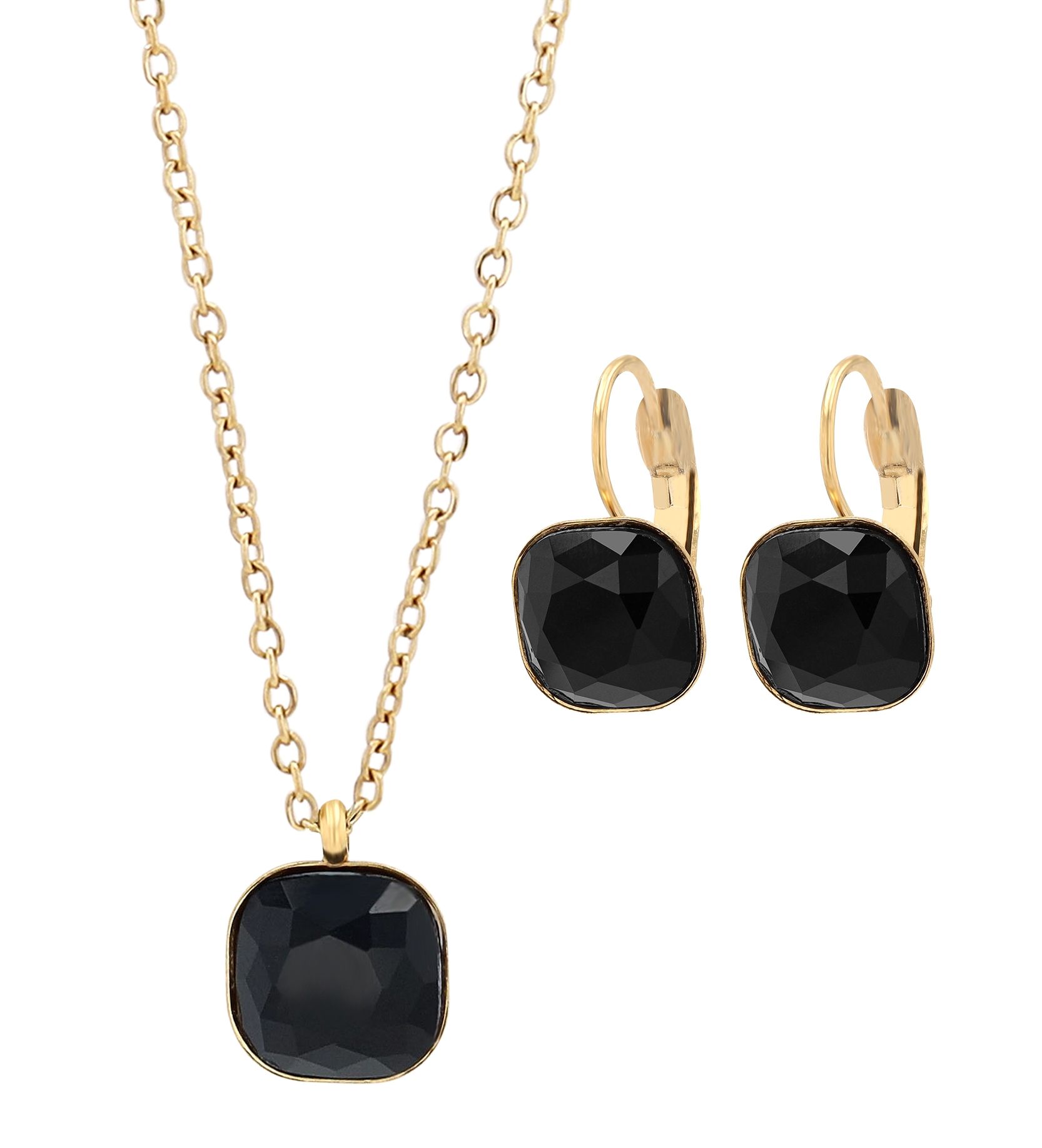 "Lia" - Schmuckset, Kette (45cm) mit Anhänger und Ohrhänger, Edelstahl, goldfarbe + schwarz