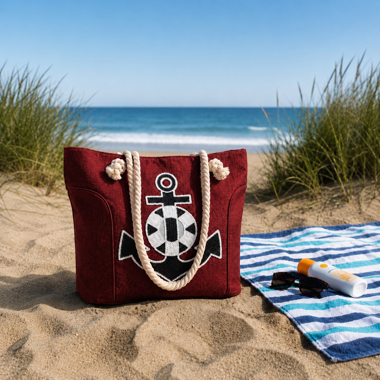 Strandtasche aus Nylon, Ankermotiv aus Pailletten, rot