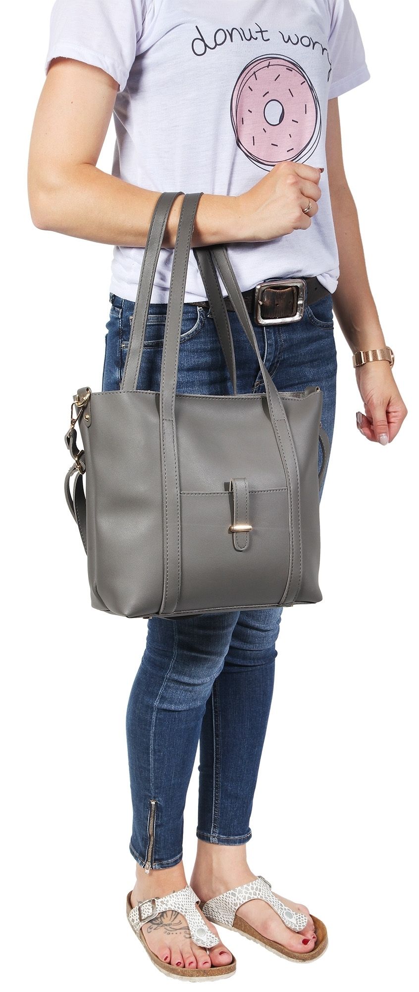 Damen Taschen-Set, Handtasche/ Schultertasche aus Lederimitation, Grau