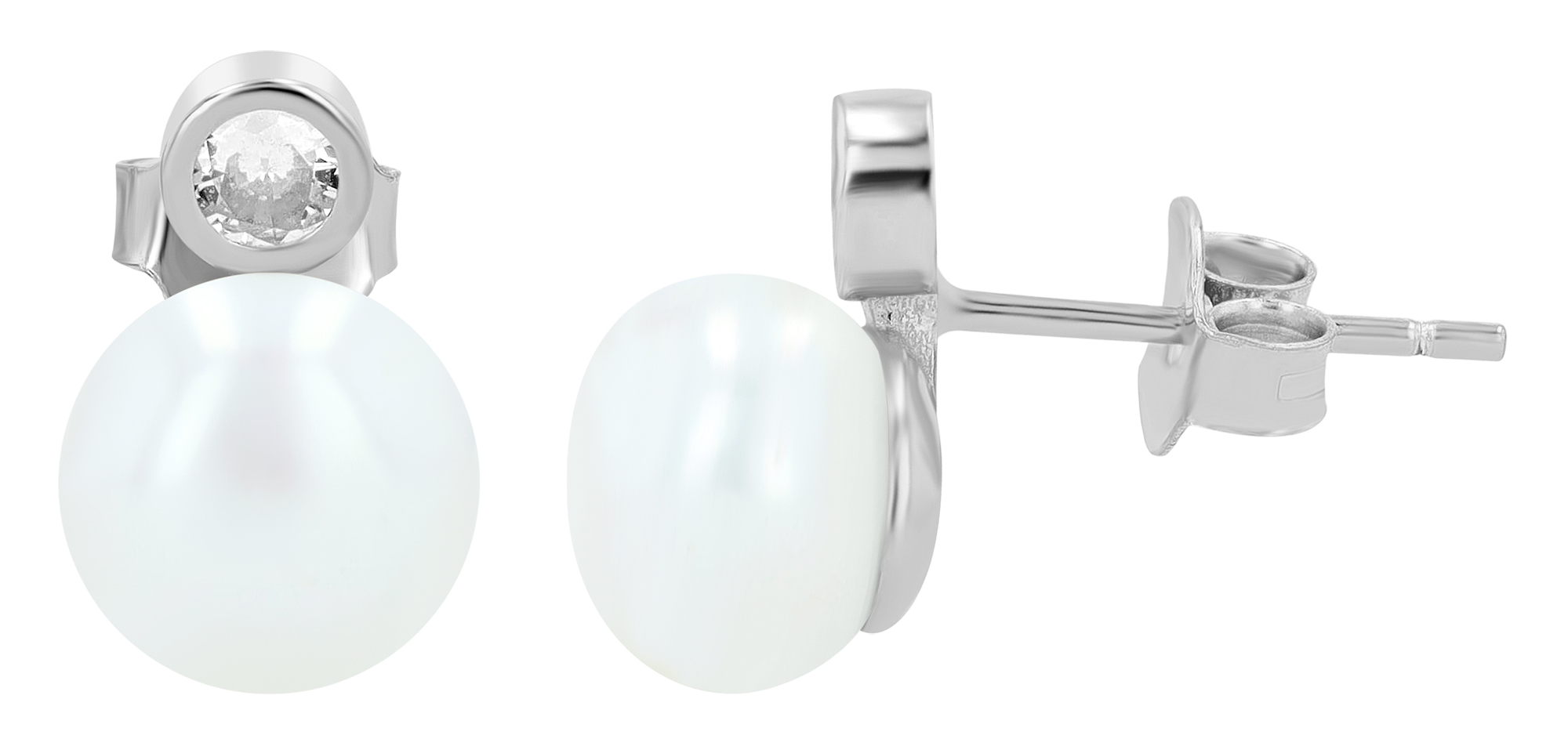 "Asrah" 925/- Echt Silber Ohrstecker - echte Süßwasserperle (8mm)/ Zirkonia, rhodiniert
