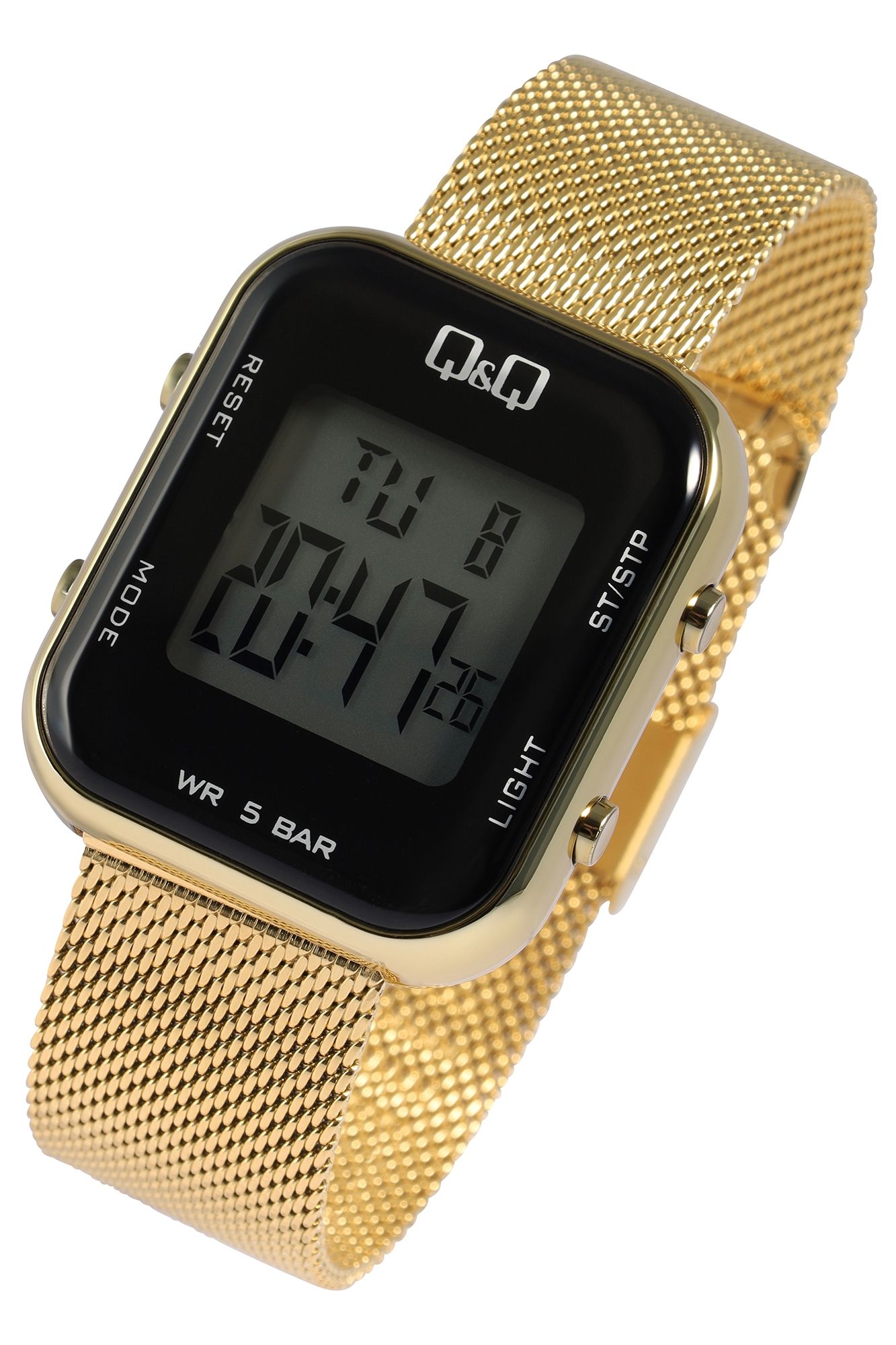 Q&Q Digitaluhr für Damen mit Meshband, Dual Time, 5 ATM, goldfarbig