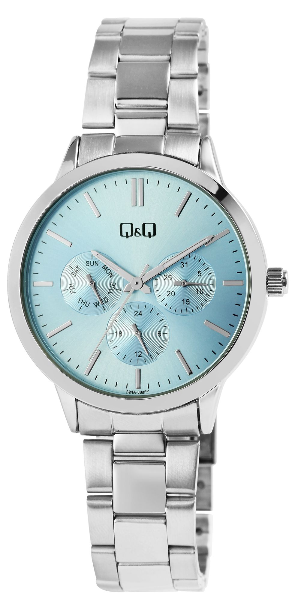 Q&Q Unisexuhr, Metall, Edelstahlarmband, silberfarben/hellblau, 5 ATM, Ø 39 mm