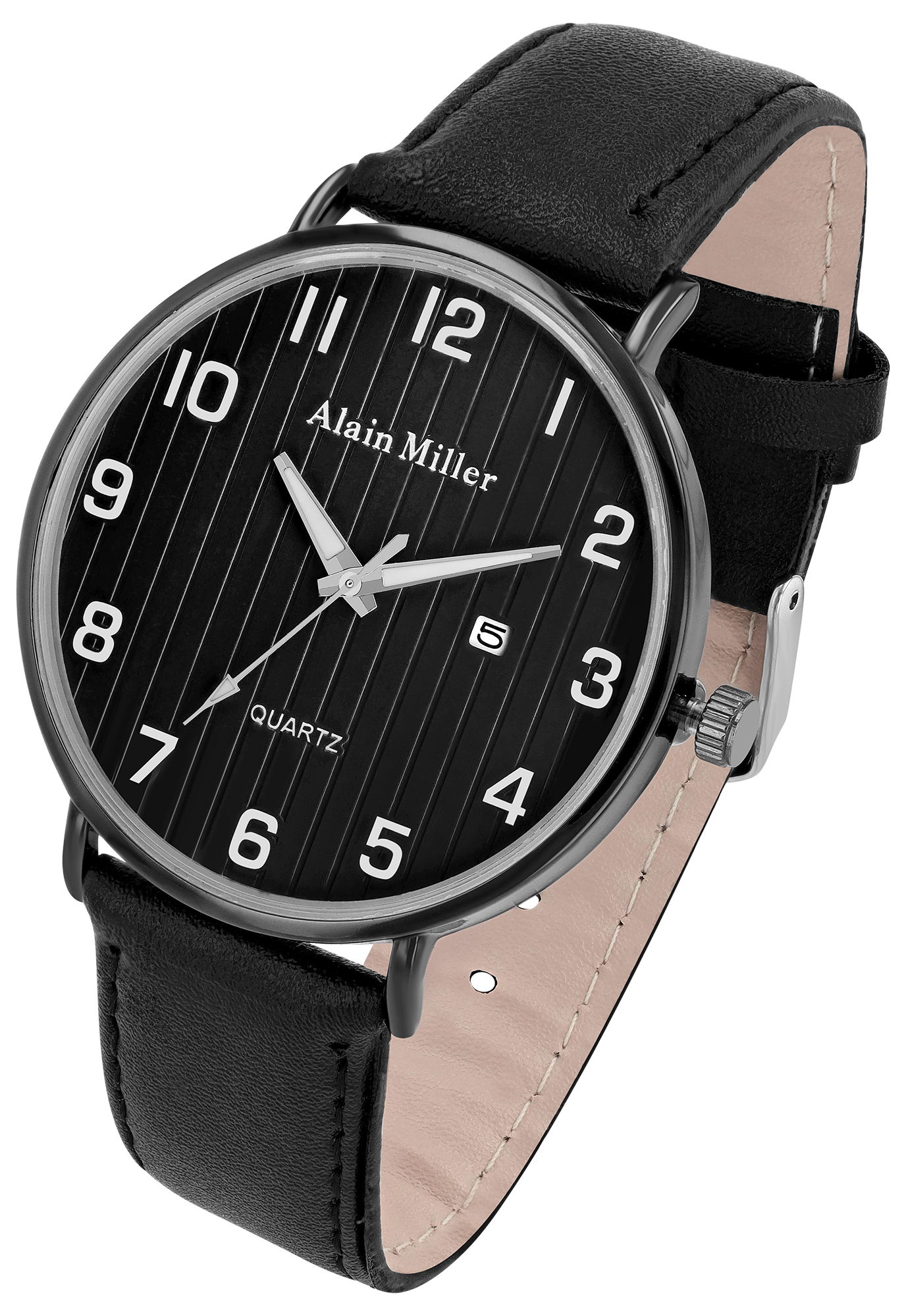 Alain Miller, Herrenuhr, Metall/Edelstahl, Lederimitatband, schwarz, Ø 42 mm