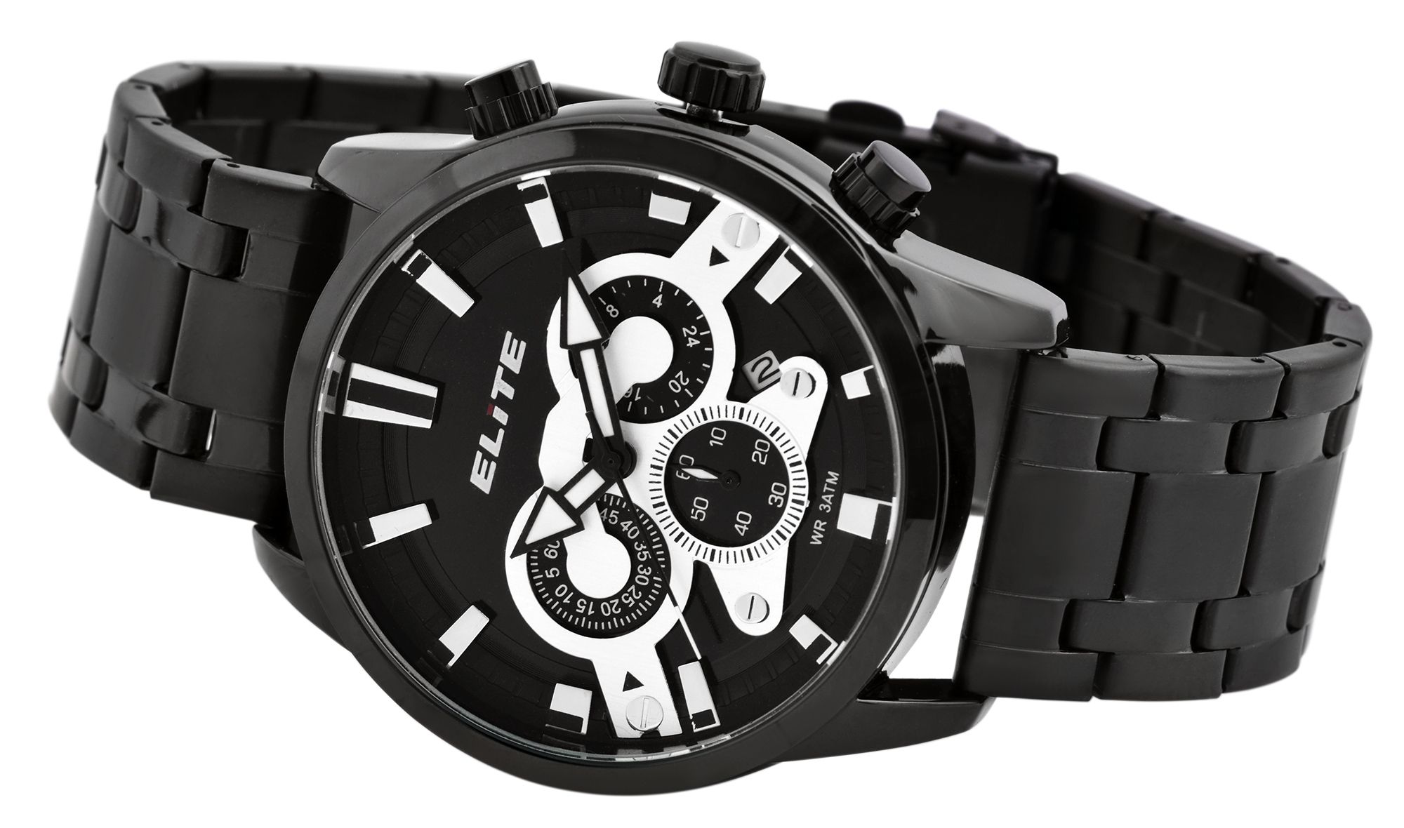 Elite Herren Chronograph mit Metallband, 3ATM, Schwarz/ silberfarbig