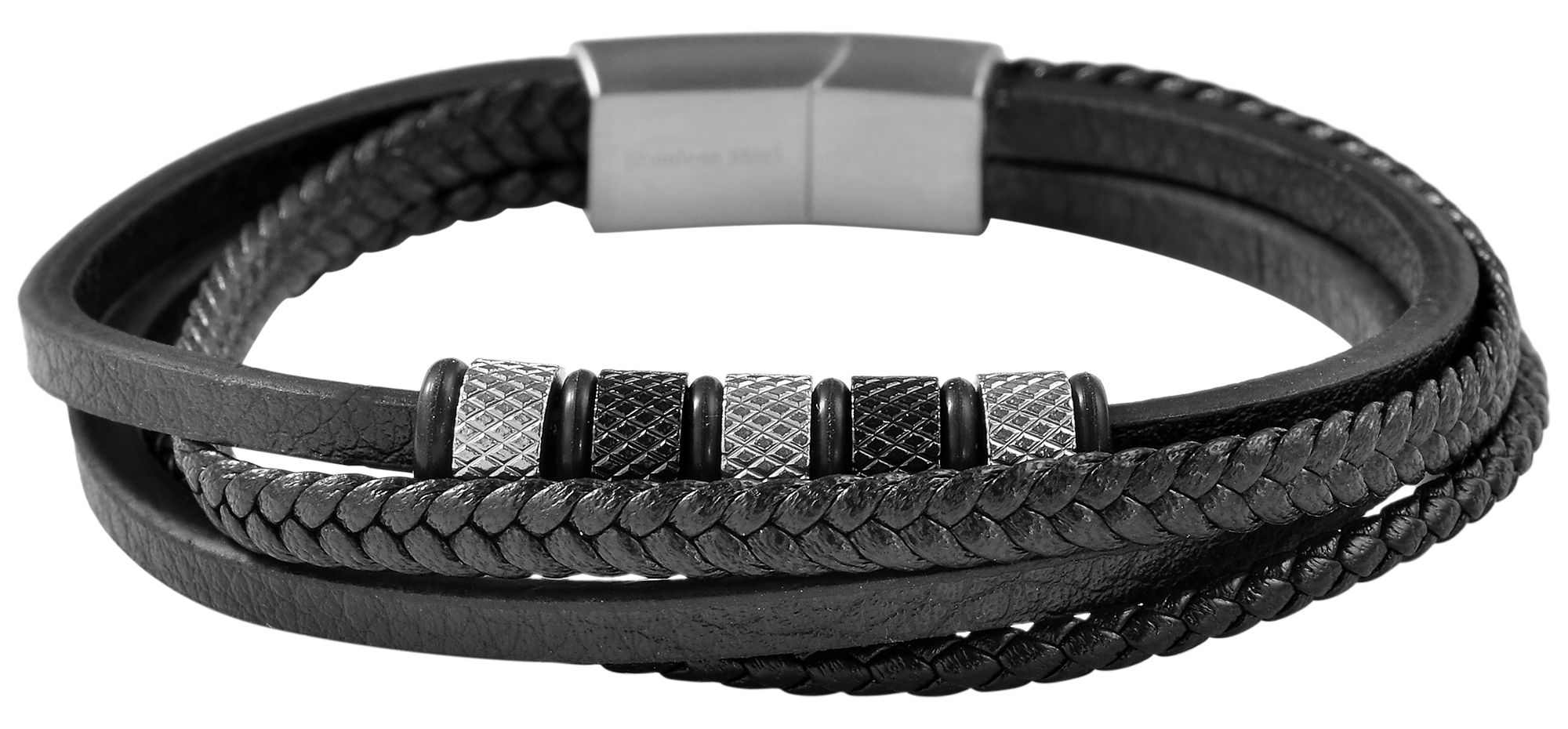 Akzent Armband aus Lederimitat mit Edelstahlelementen, schwarz/silberfarben, 19 cm