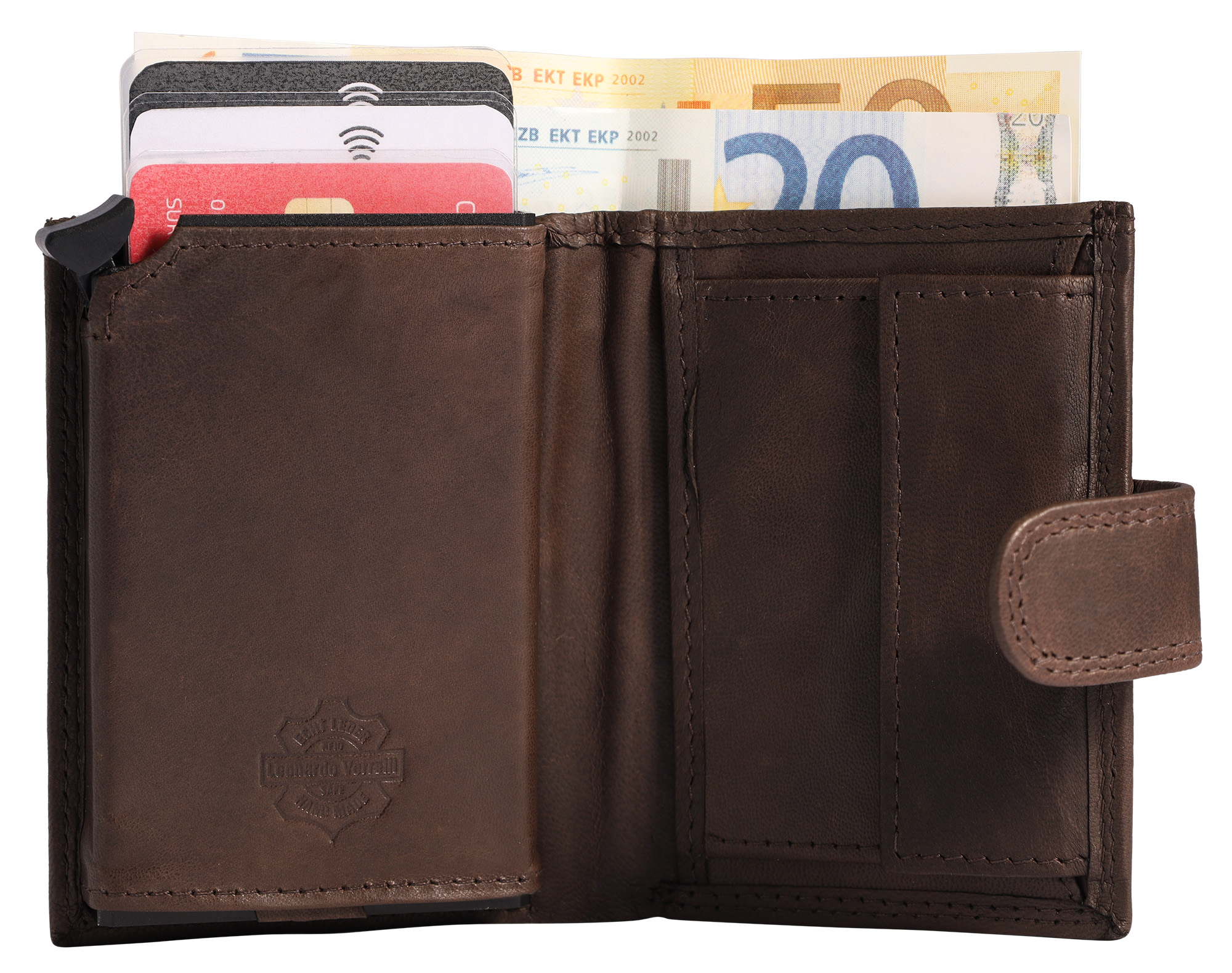 Leonardo Verrelli Echtleder (soft) Geldbörse mit Pop-up-Kartenhalter, RFID, dunkelbraun