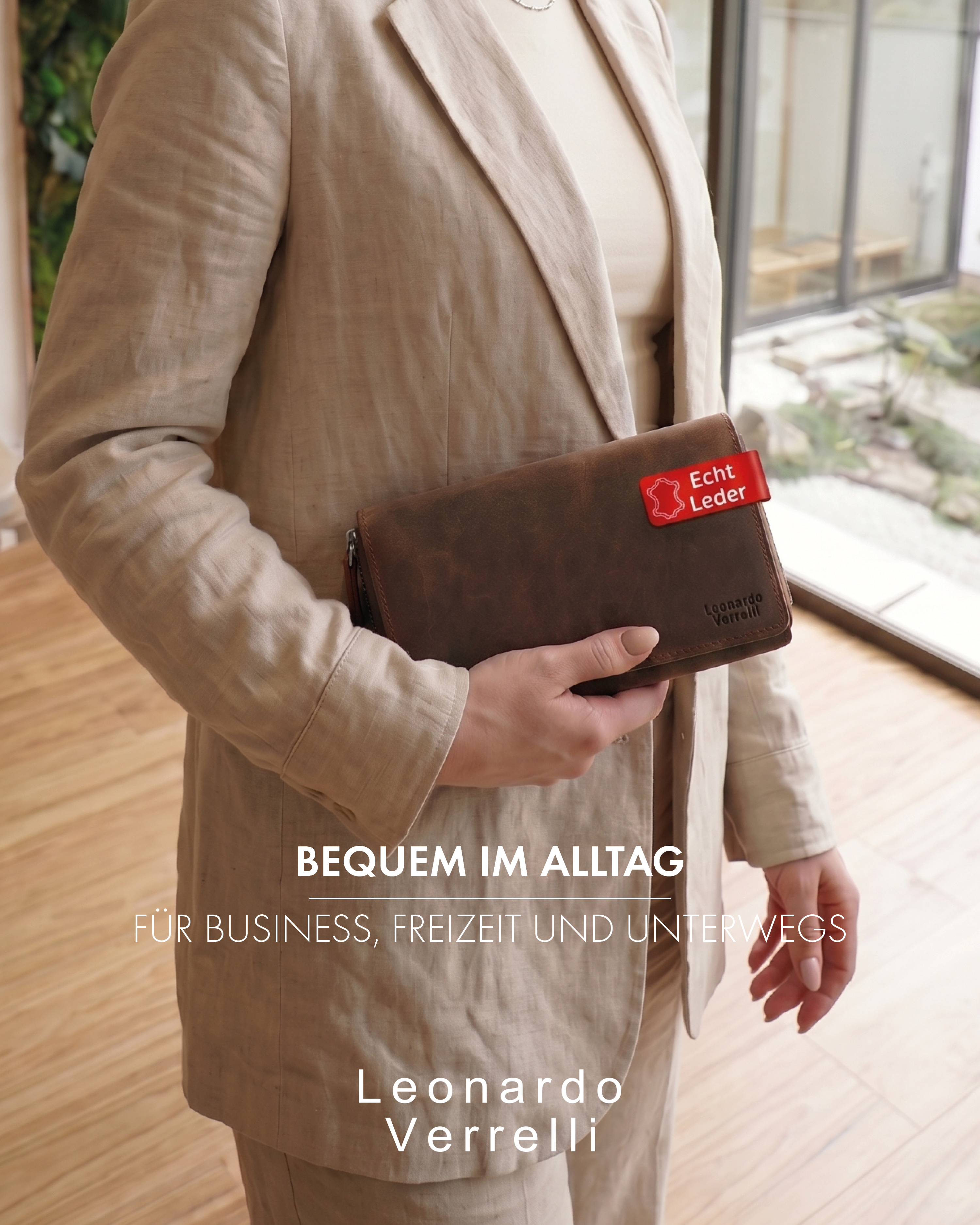 Leonardo Verrelli Echtleder (Hunter) Damen Geldbörse, Querformat, RFID, braun