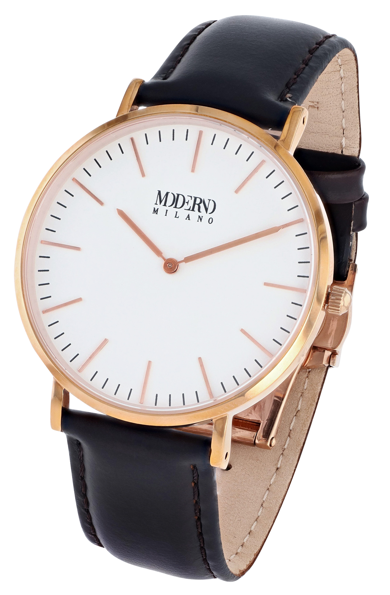 Moderno Milano Edelstahl Herrennuhr Ø 41 mm, Echtlederband, Saphirglas, dunkelbraun/ rosegoldfarben