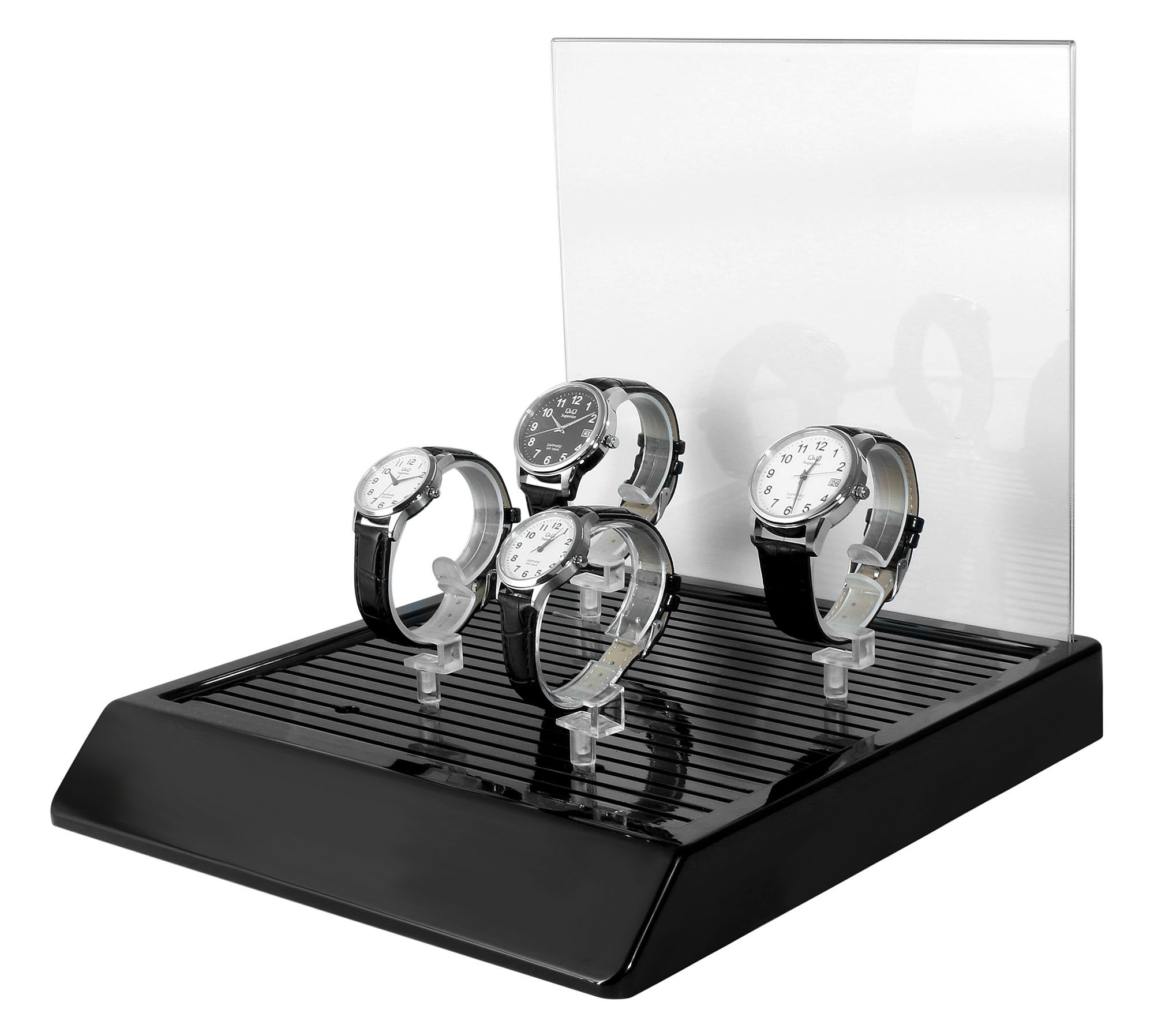 Uhren-Display mit 10 Spangen, Werbefläche, Kunststoff, schwarz