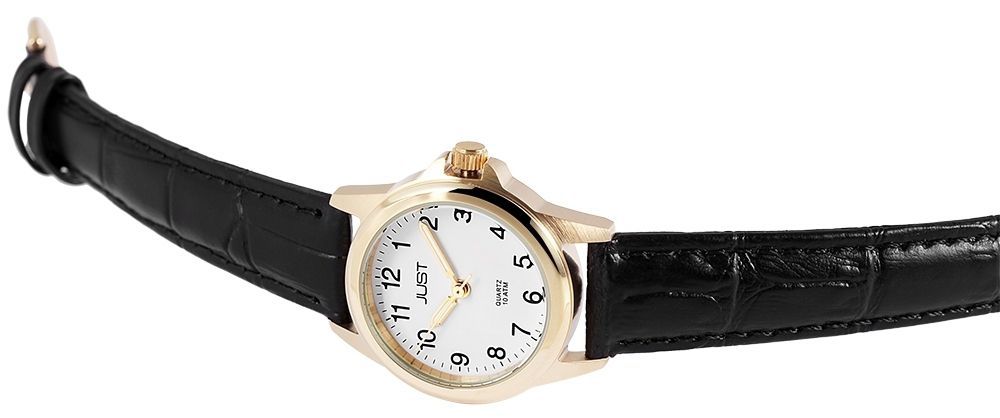 Just Damenuhr mit schwarzem Echtlederarmband, goldfarben, weißes Zifferblatt