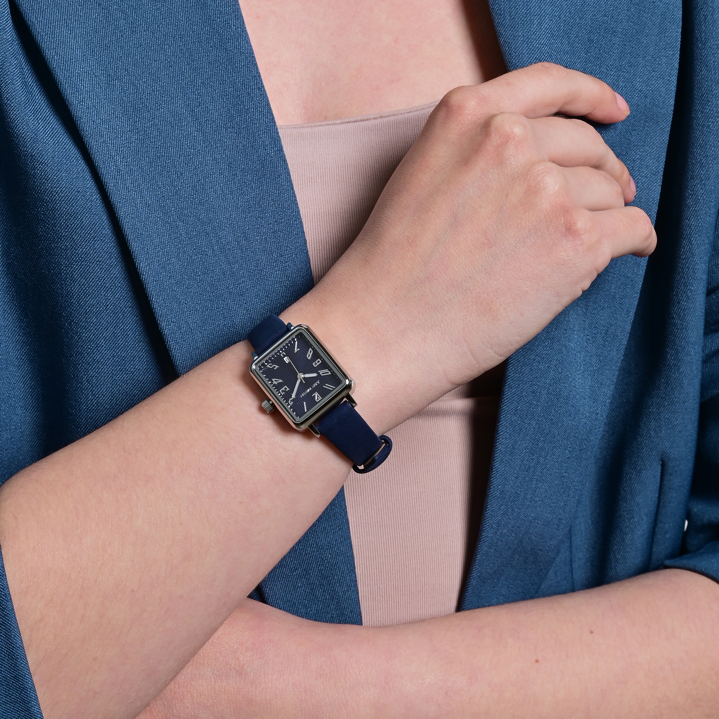 JUST WATCH Damenuhr "Aveline" mit Echtlederband, eckiges Design, blau/ silberfarben