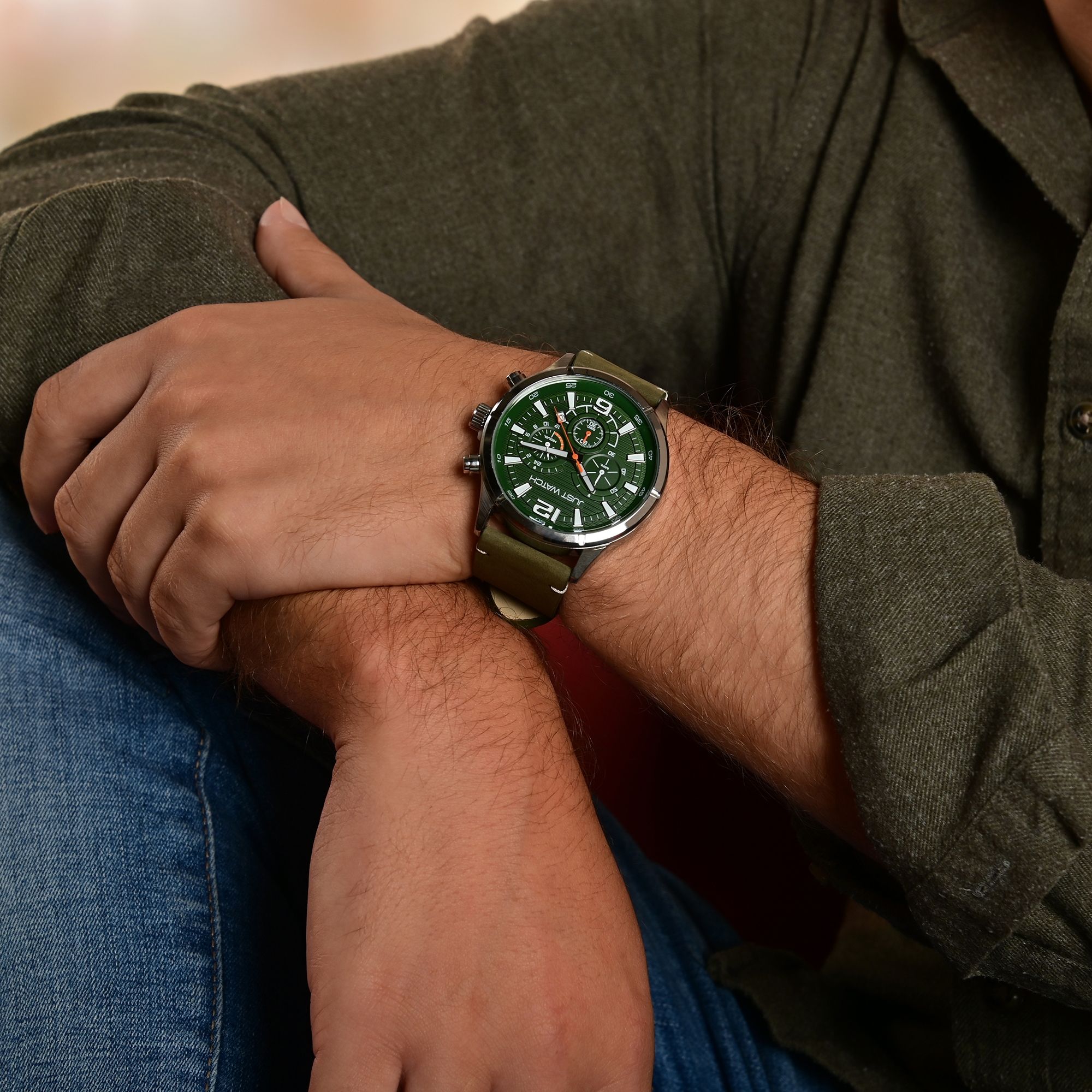 Just Watch Chronograph für Herren, Lederarmband, 5 ATM, grün