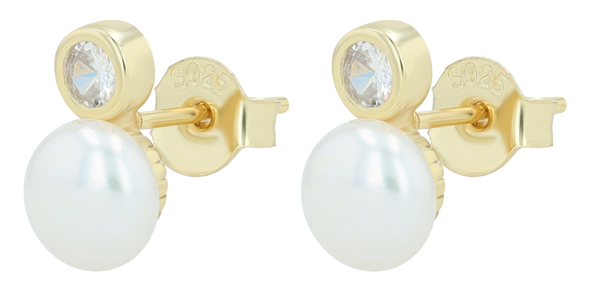 "Arbi" 925/- Echt Silber Ohrstecker, echte Süßwasserperle Ø 6 mm, Zirkonia, vergoldet