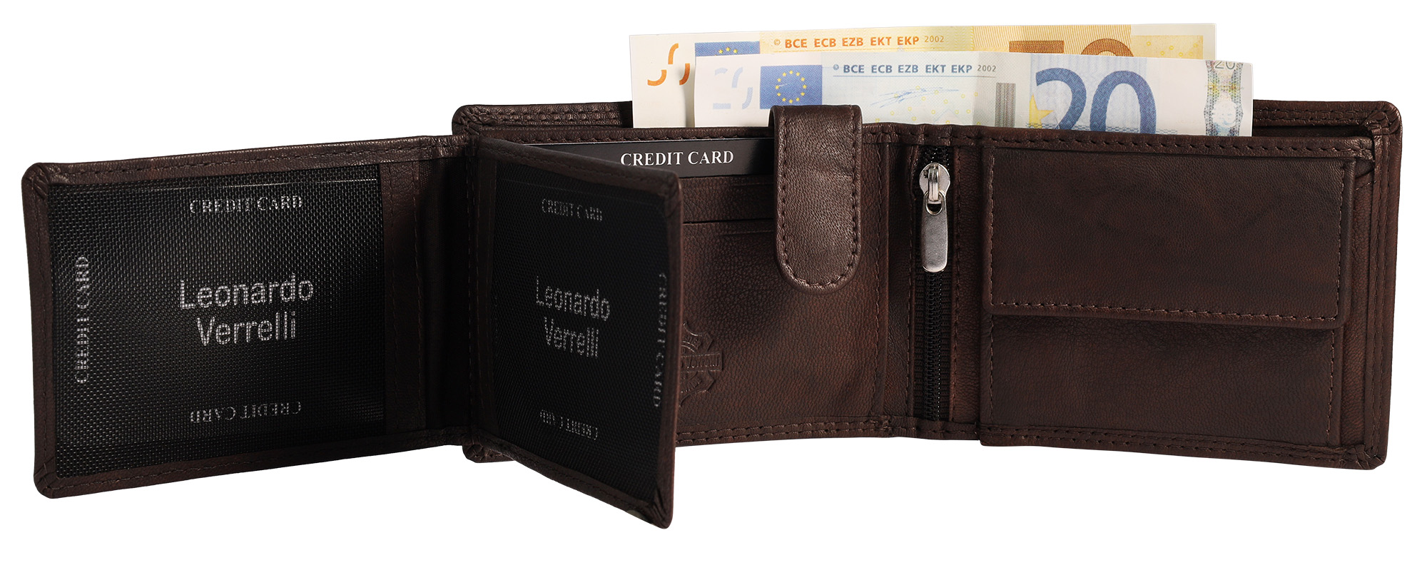 Leonardo Verrelli Echtleder (Antik) Geldbörse, RFID, Querformat, dunkelbraun