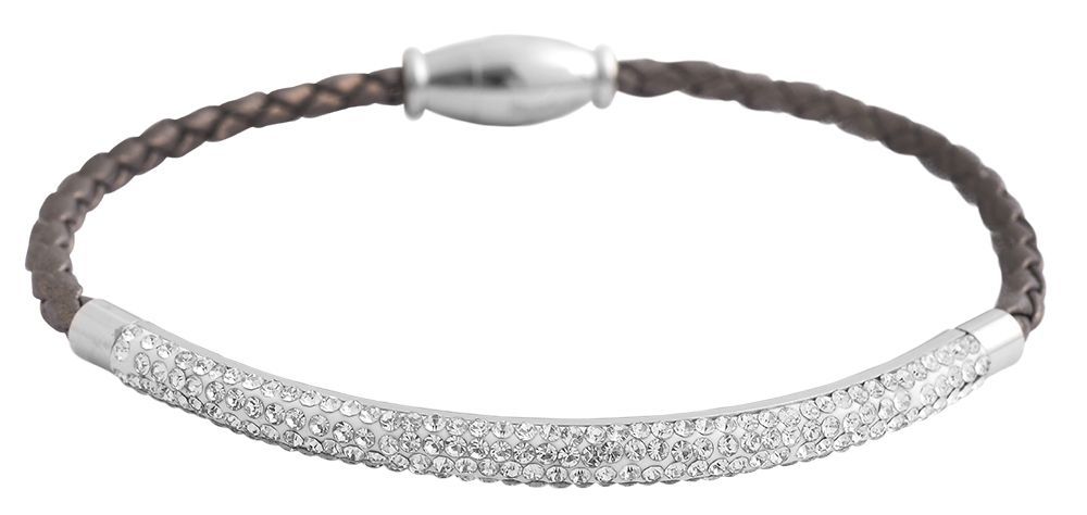 Akzent Armband aus geflochtenem Lederimitat und Edelstahlelementen, Similibesatz, grau/silberfarben