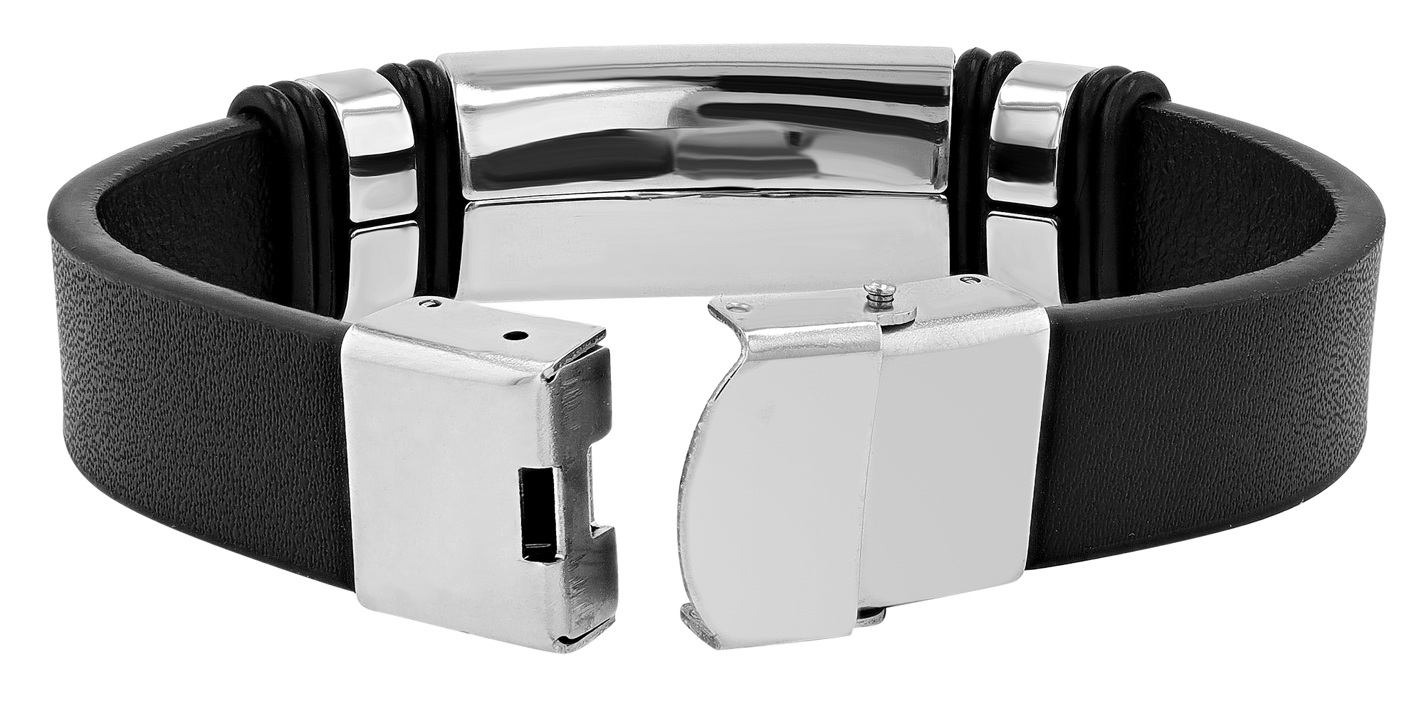 "Arto" Echlederarmband mit Gravurplatte, 21cm, schwarz/silberfarben