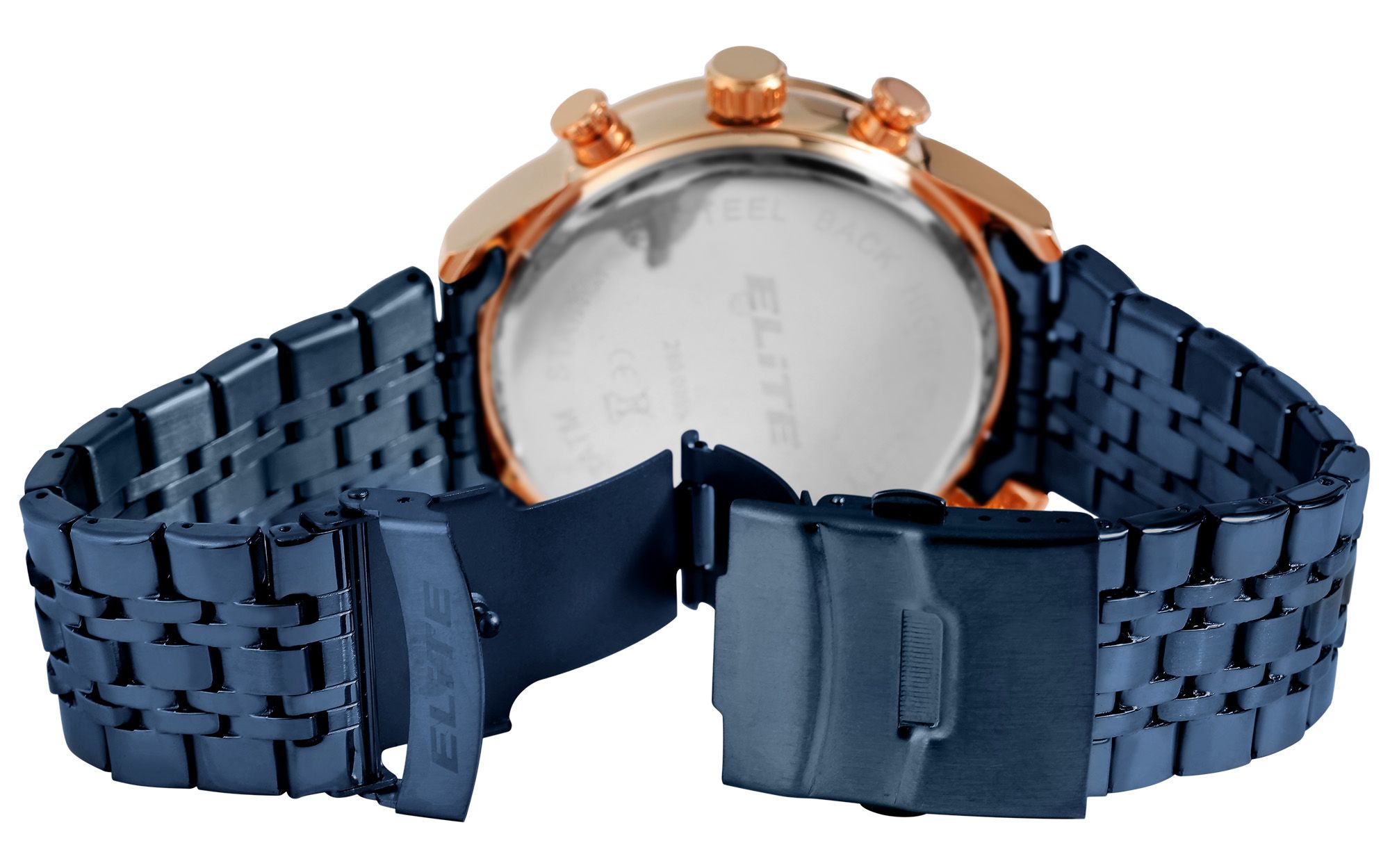ELITE Herrenchronograph mit Edelstahlarmband, blau/roségoldfarben