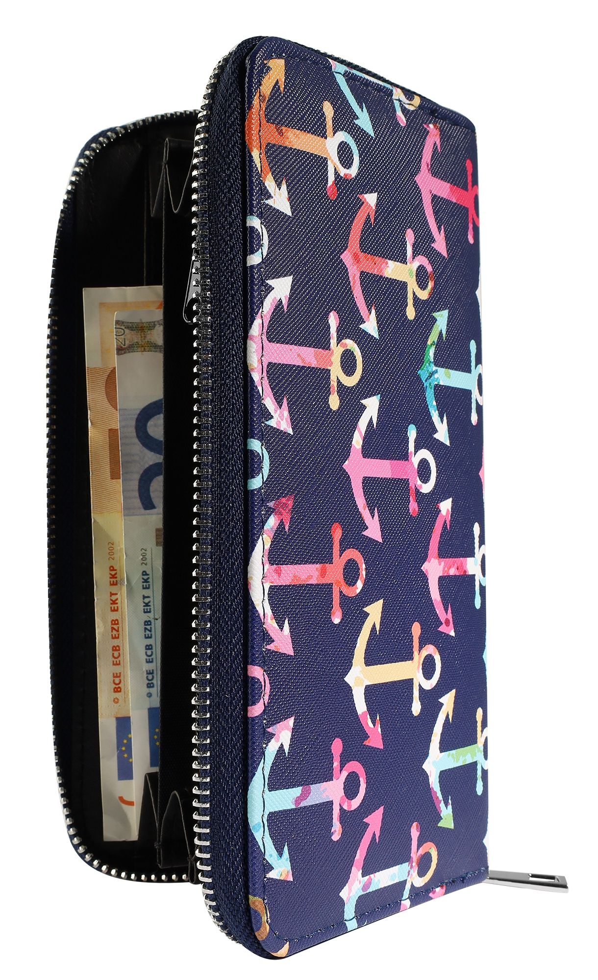Cham Cham Damengeldbörse aus Lederimitat, martimes Design, blau mit bunten Ankern