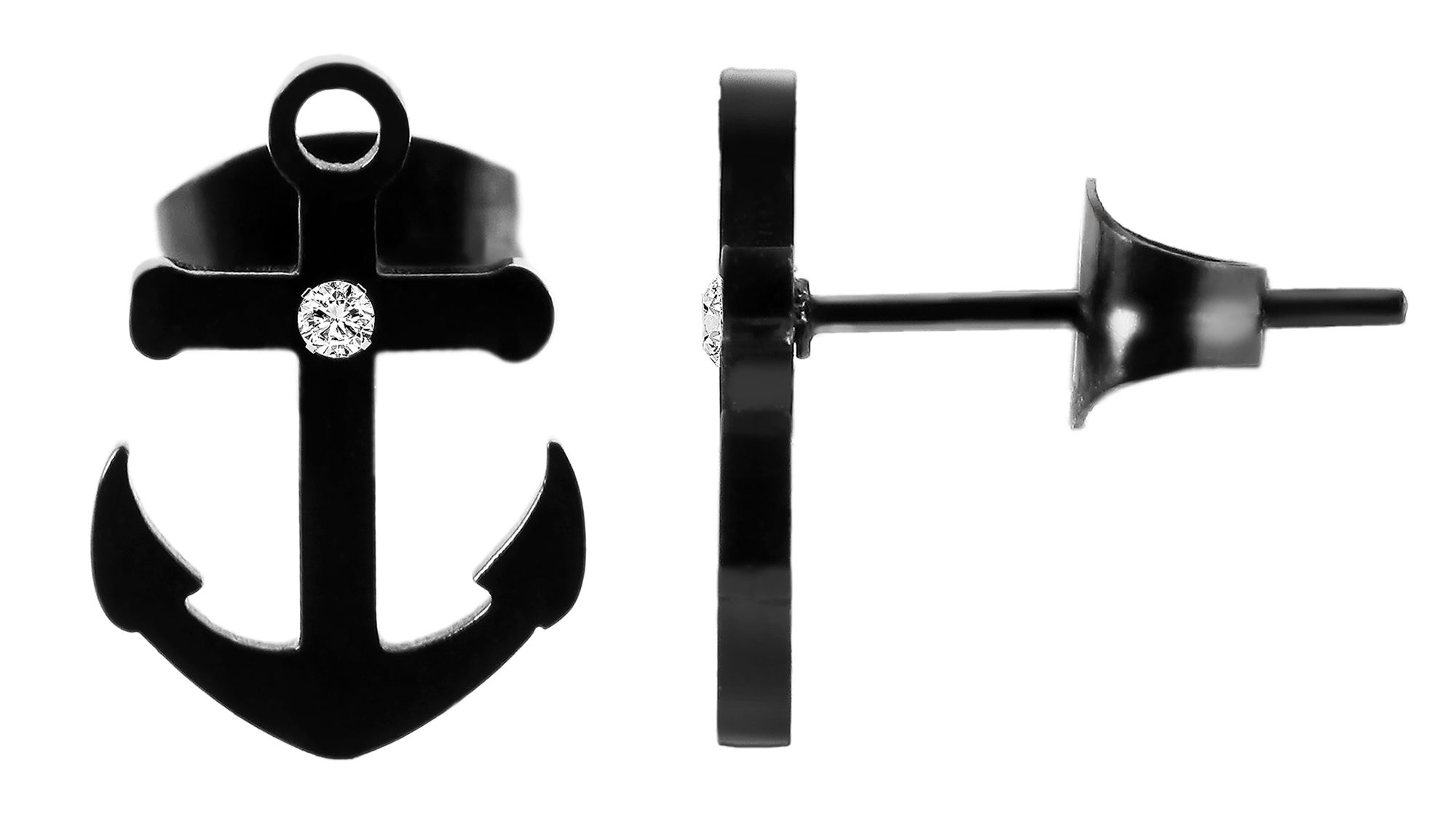 "Miera", Akzent Edelstahlschmuckset mit Ohrsteckern und Anhänger im Ankerdesign, schwarz