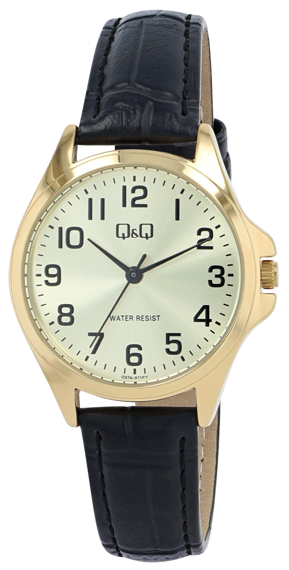 Q&Q Damenuhr Ø 30 mm, Lederimitat, schwarz/ goldfarben