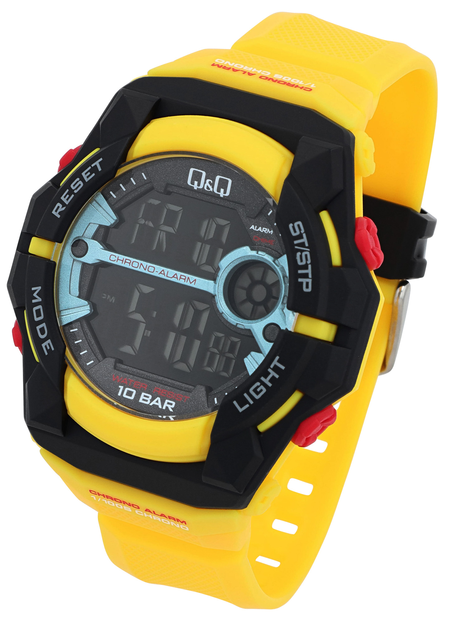 Q&Q Digitaluhr für Herren Ø 50 mm, Resinband, gelb (rote Details)