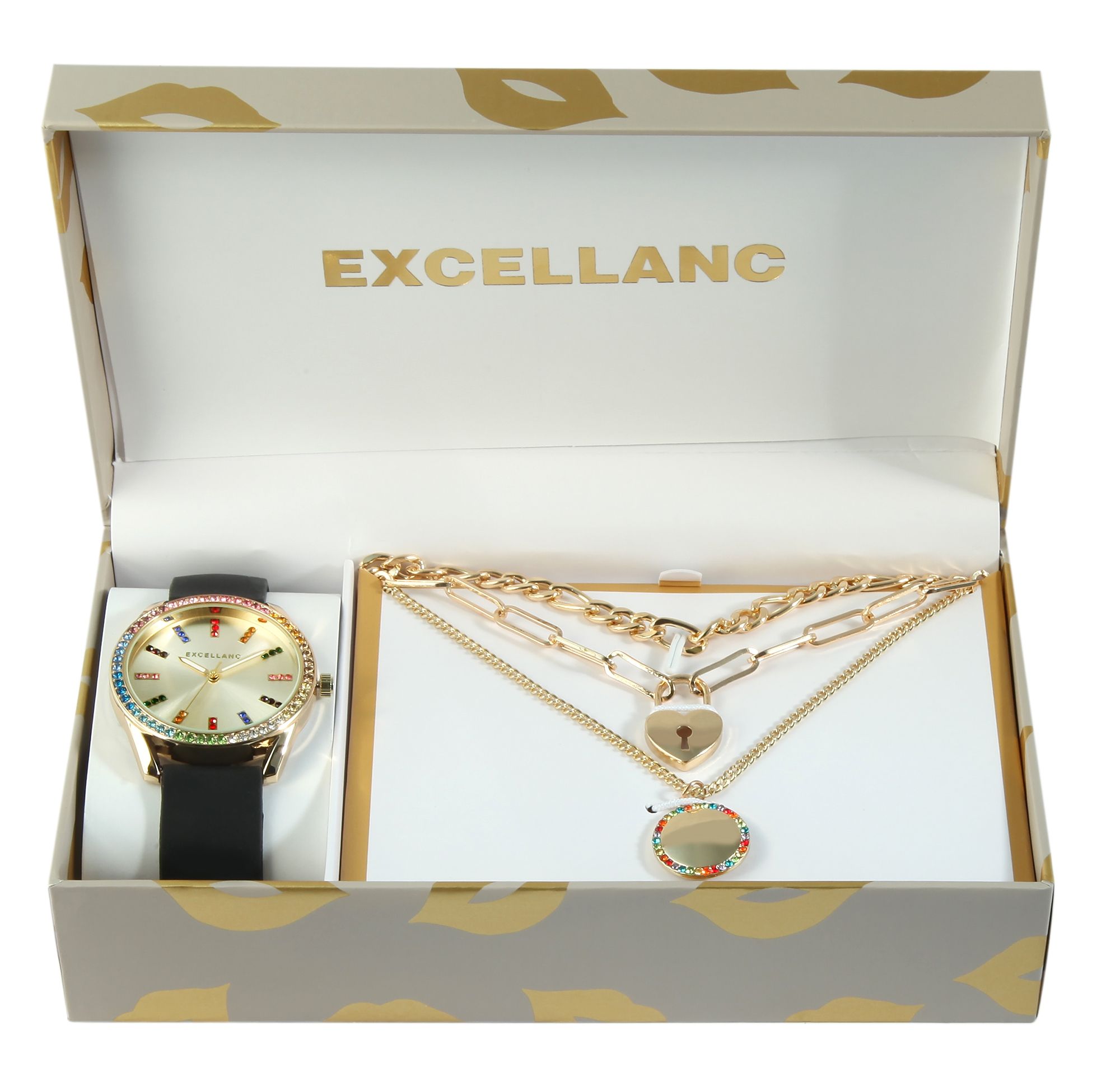 Excellanc Geschenkset mit Damenarmbanduhr und drei Ketten, bunter Similibesatz, goldfarben