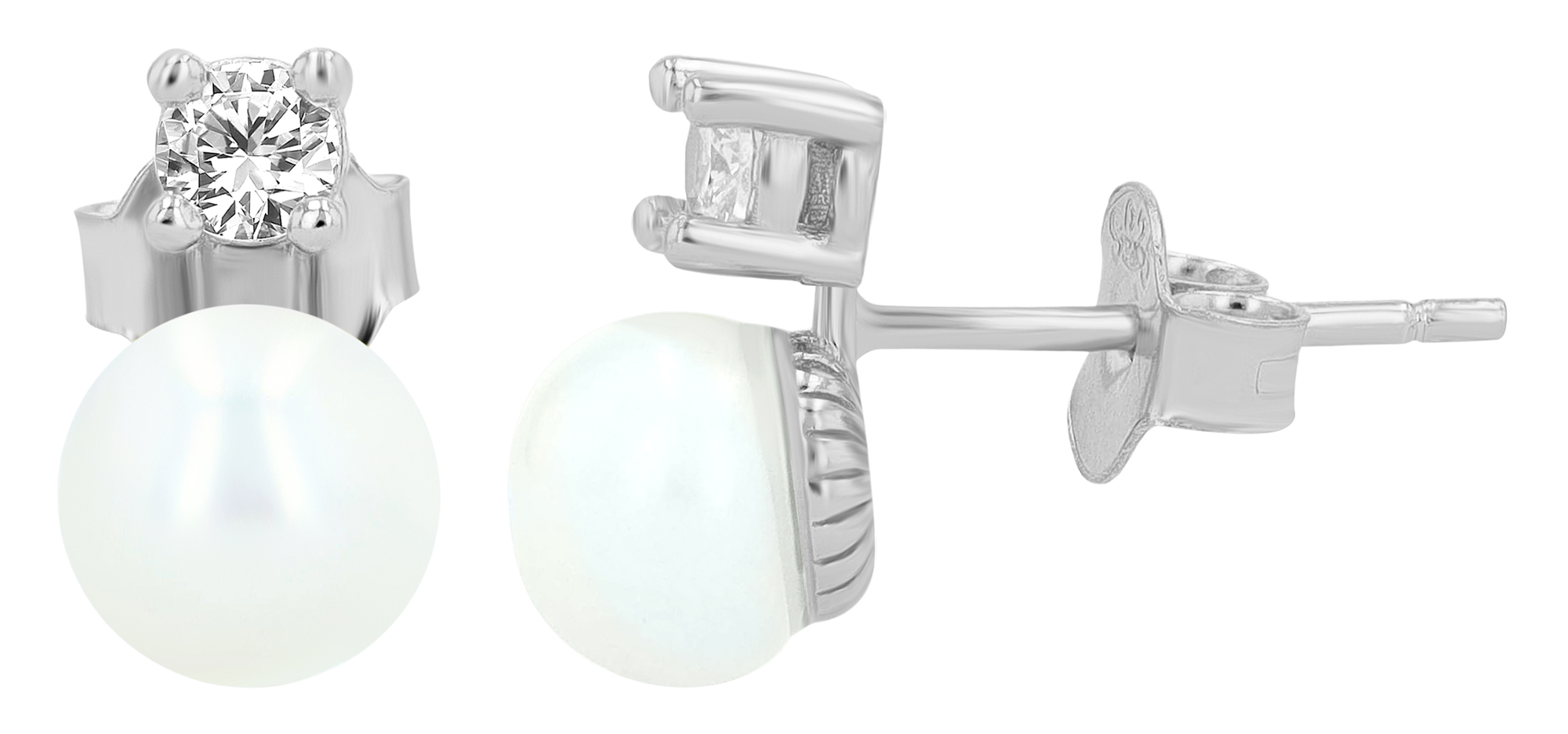 "Alma" 925/- Echt Silber Ohrstecker - echte Süßwasserperle (6mm)/ Zirkonia, rhodiniert