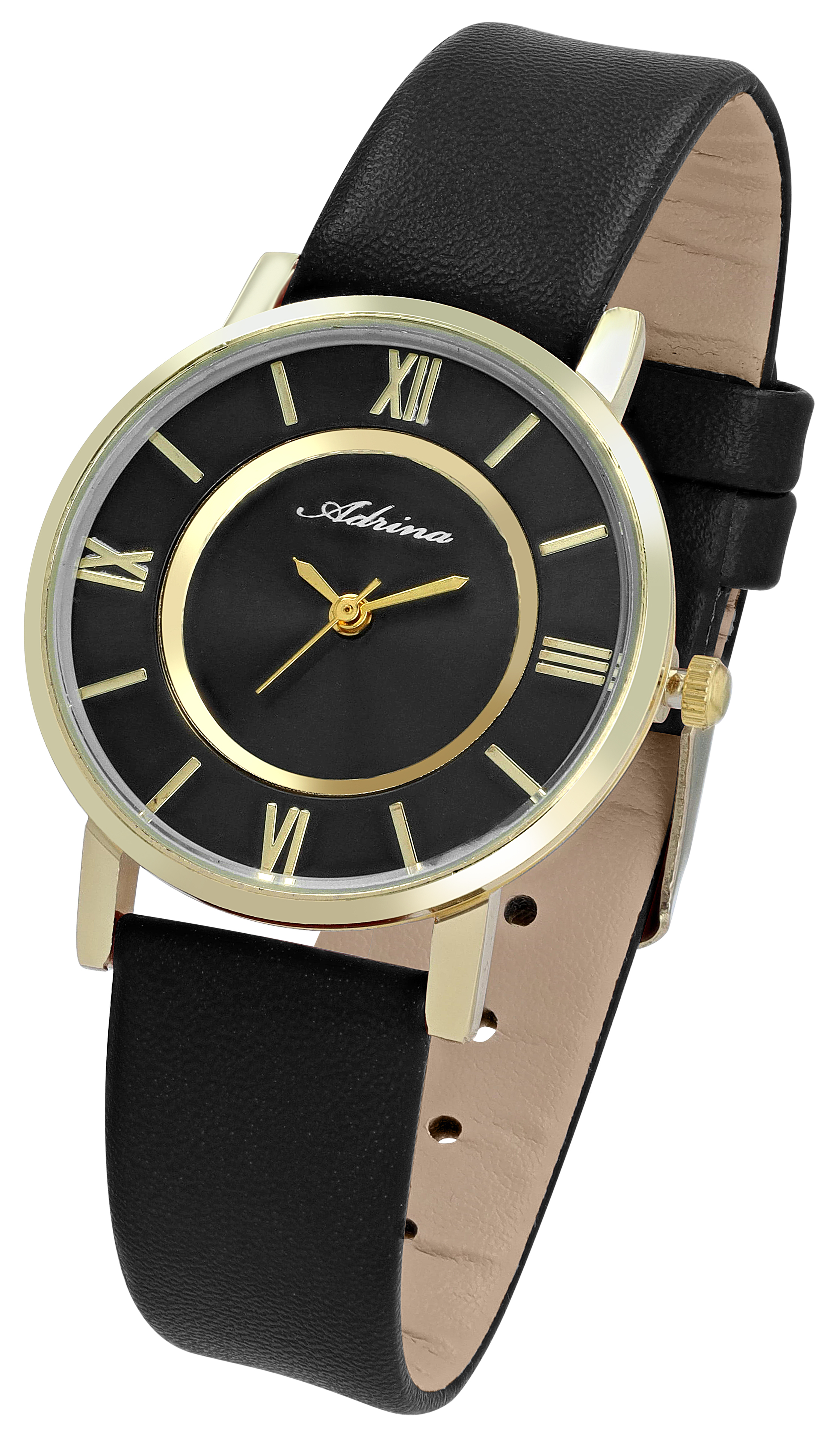 Adrina Damenuhr mit Lederimitationsband, Ø 32 mm, schwarz/ goldfarben