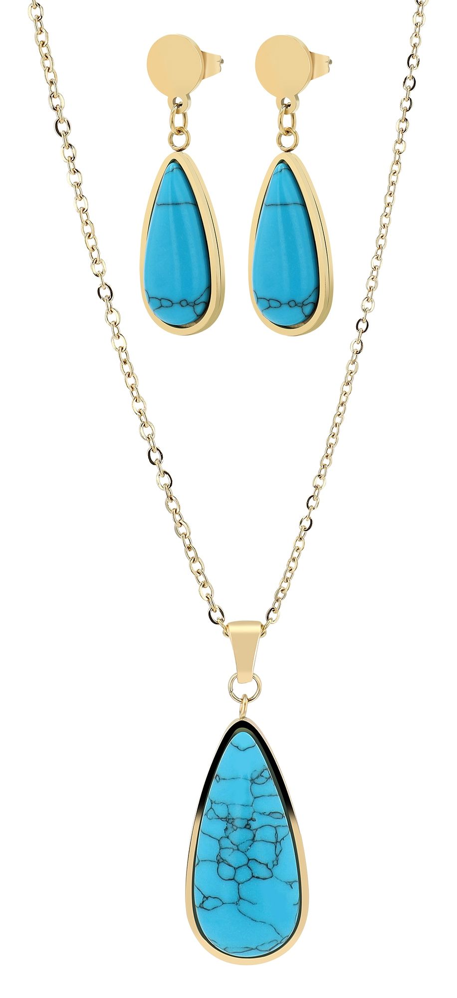 "Mali", Akzent Edelstahl Schmuckset mit Türkis, Halskette und Ohrhänger, goldfarben