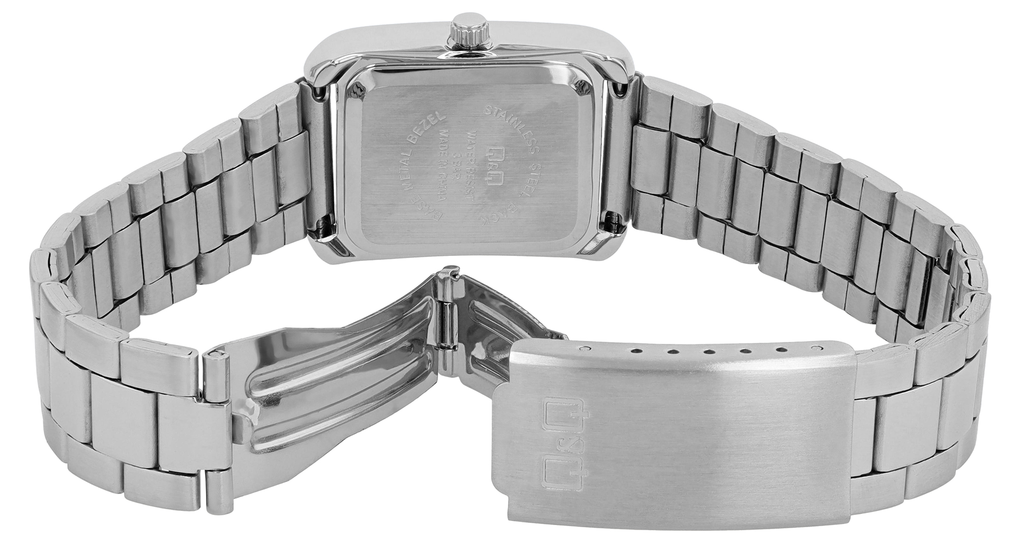 Q&Q Damenuhr (rechteckiges Gehäuse 30,5 × 22,5 mm), Edelstahlband, silberfarben/ dunkelgrün