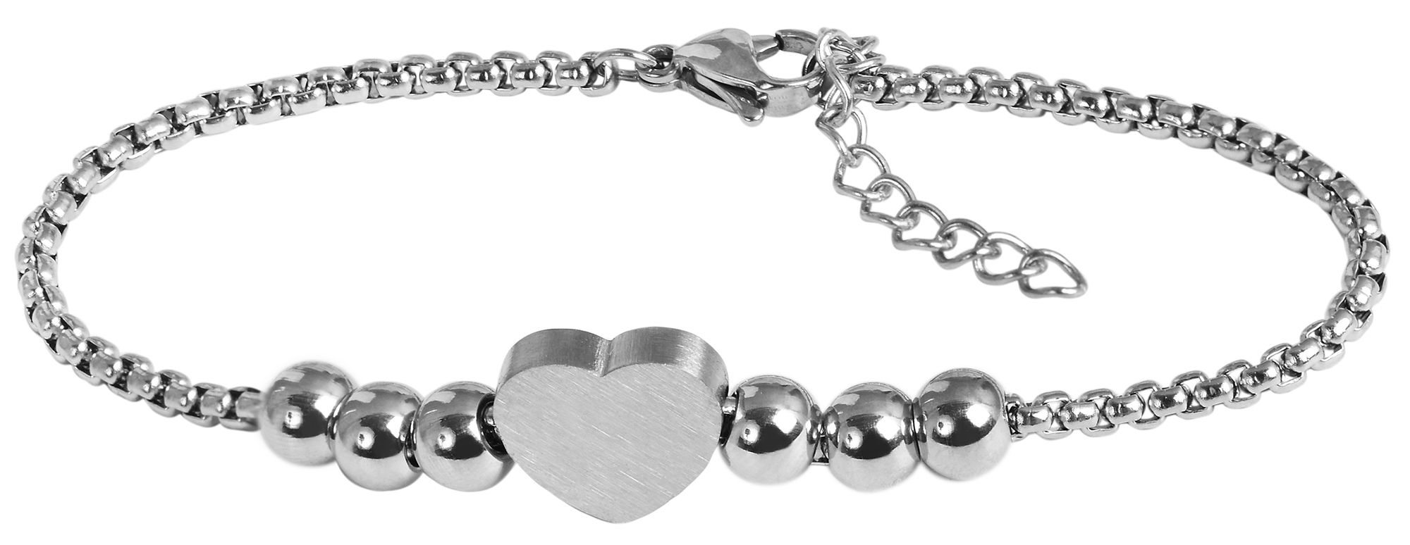 "Hilla" Edelstahl Armband - Herz & Kugeln, 17 + 3 cm, gravierbar, silberfarben