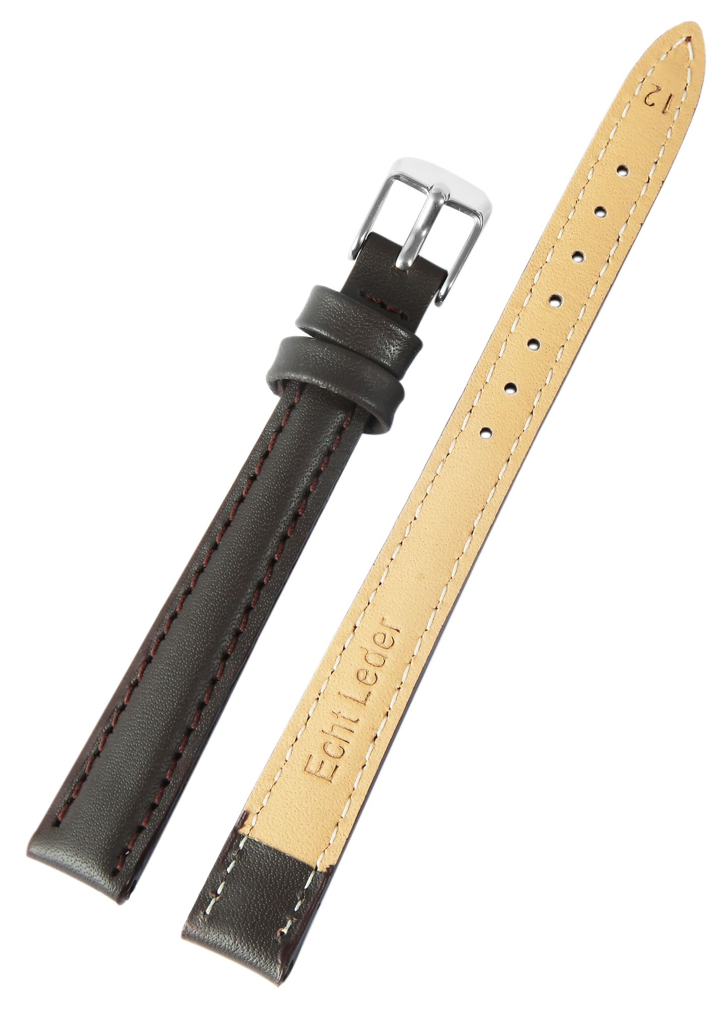 Echtleder-Uhrenarmband, dunkelbraun, gepolstert/ Naht, 12 mm