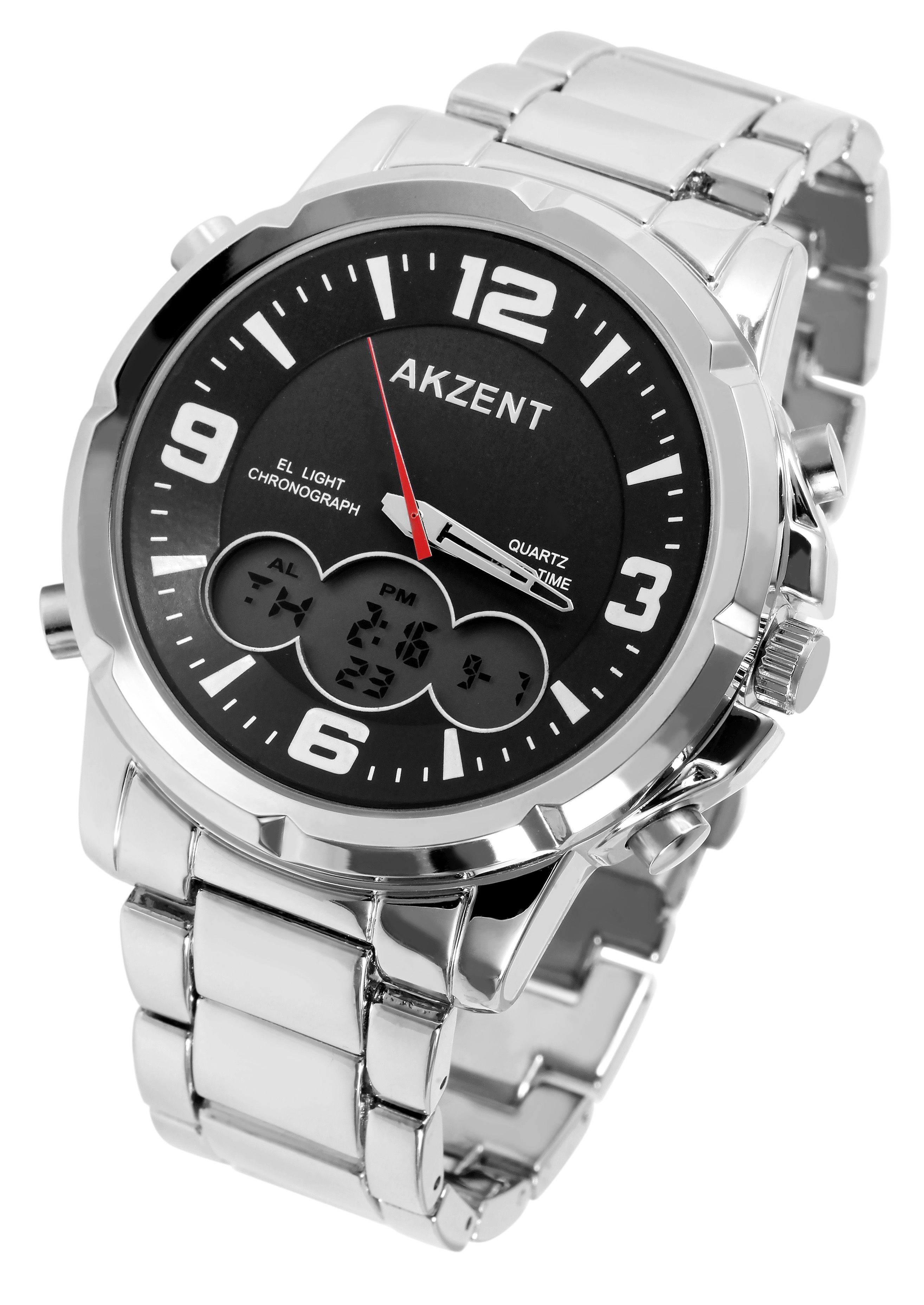 Akzent Analog/Digital Herrenuhr mit Edelstahlarmband, silberfarben/schwarz