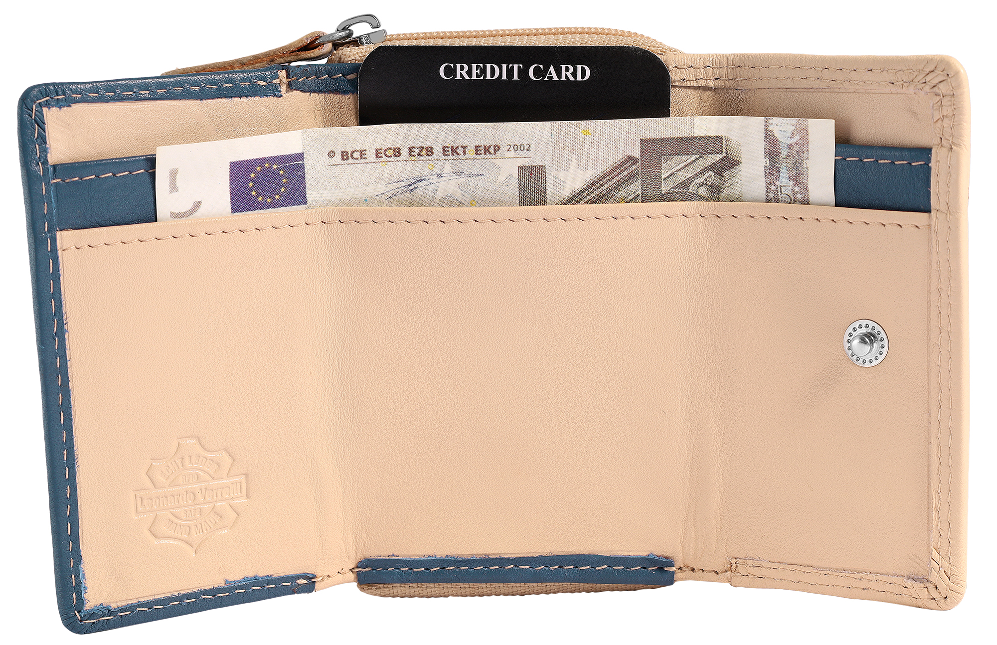 Leonardo Verrelli Echtleder (Nappa) Damen Geldbörse, klein, Querformat, RFID, beige/ blau