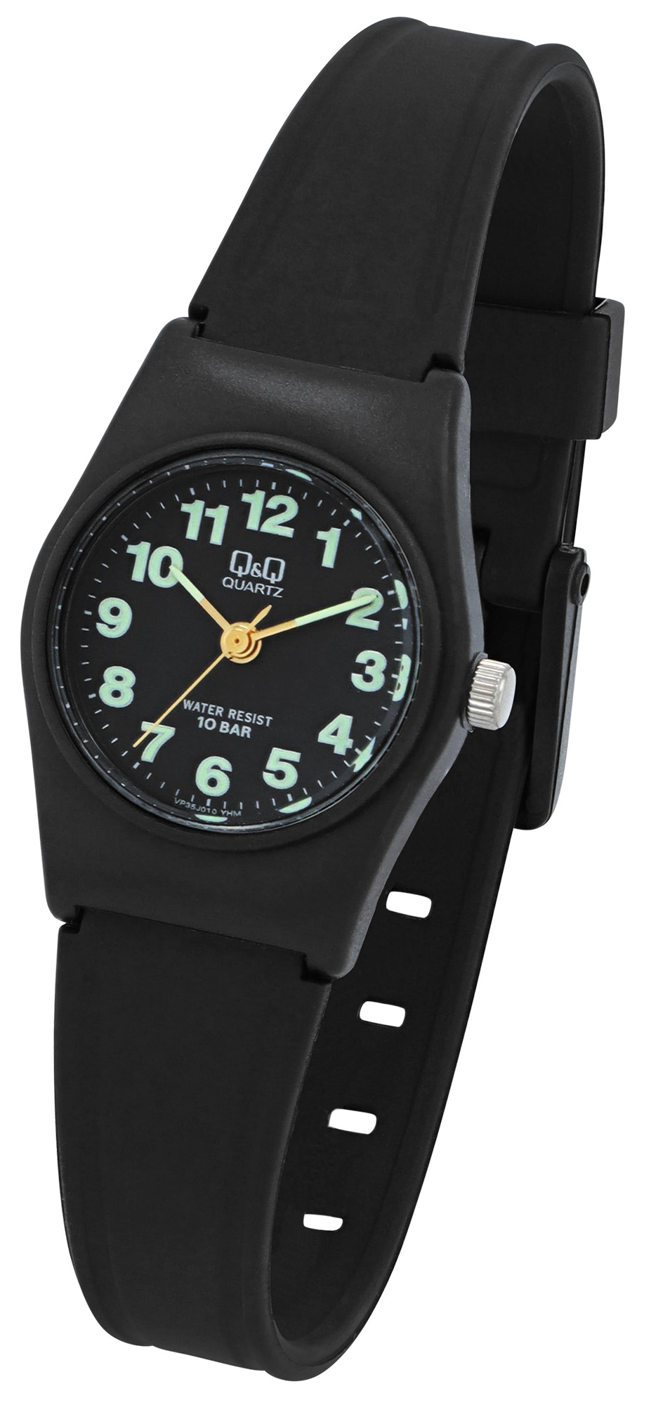 Q&Q Damenuhr mit  Resinband, Ø 24 mm, schwarz/ schwarz (Luminaziffer/-zeiger)